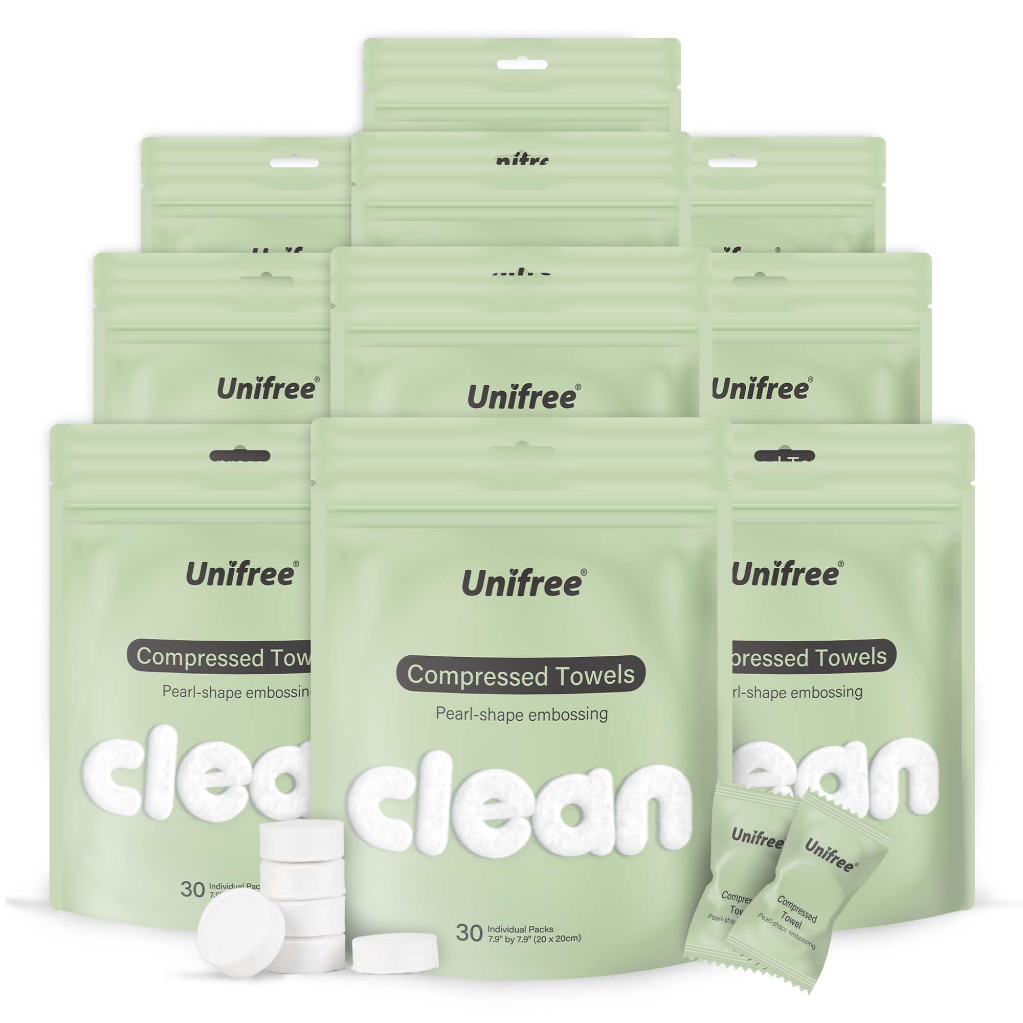 Unifree Compressed Towels - 300 Count, Dry Wipes, Makeup Remover, Facial Tissues, Travel-Friendly Individual Pack for Camping, Gym, Travel & Emergency Use