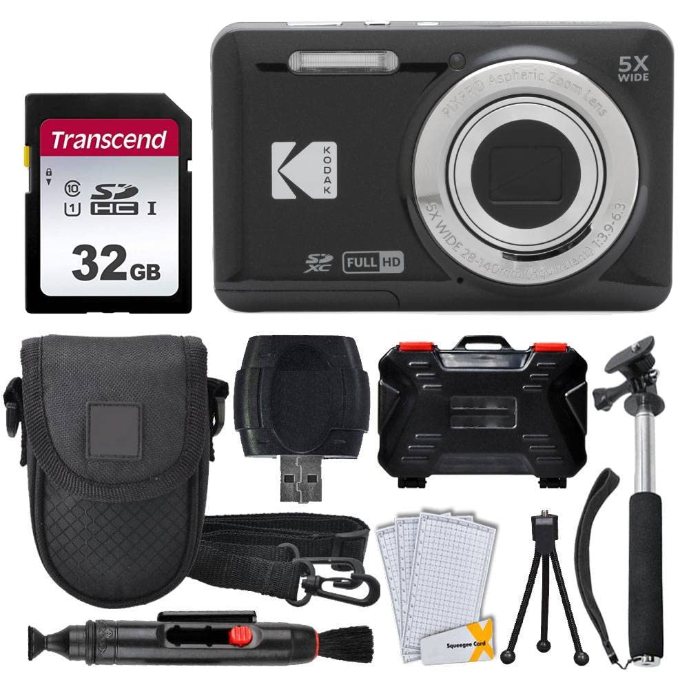 Kodak PIXPRO FZ55 16MP Digital Camera Bundle - Black Point and Shoot Camera with 32GB SD Card, Case, Monopod, Cleaning Kit & Tripod | Perfect for Travel, Vlogging & Family Photography
