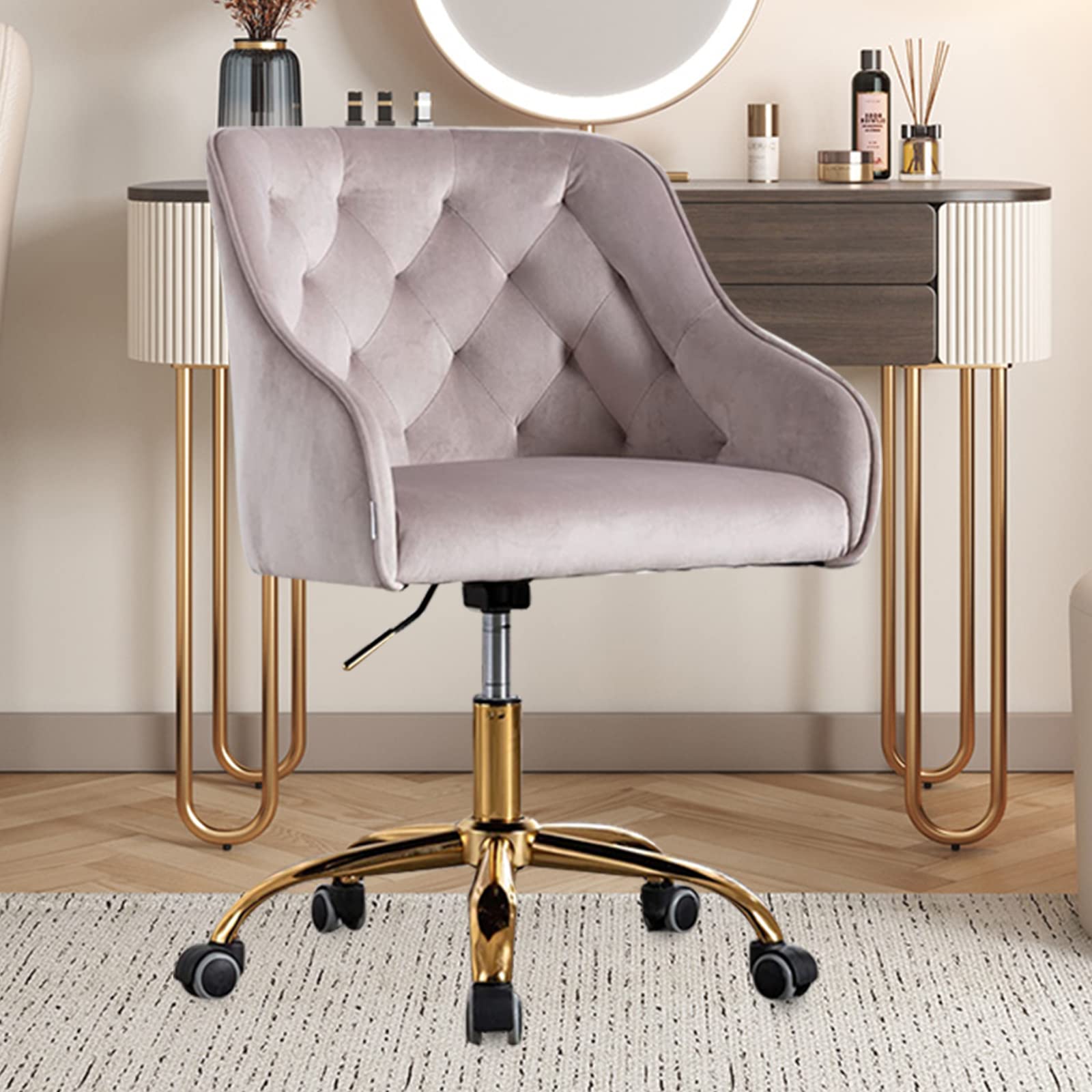 Yoluckea Modern Velvet Office Chair - Adjustable Swivel Desk Chair with Padded Seat for Home Office, Living Room & Vanity | Ergonomic Executive Task Chair for Adults (Grey) - Perfect for Remote Work, Gaming & Study Sessions