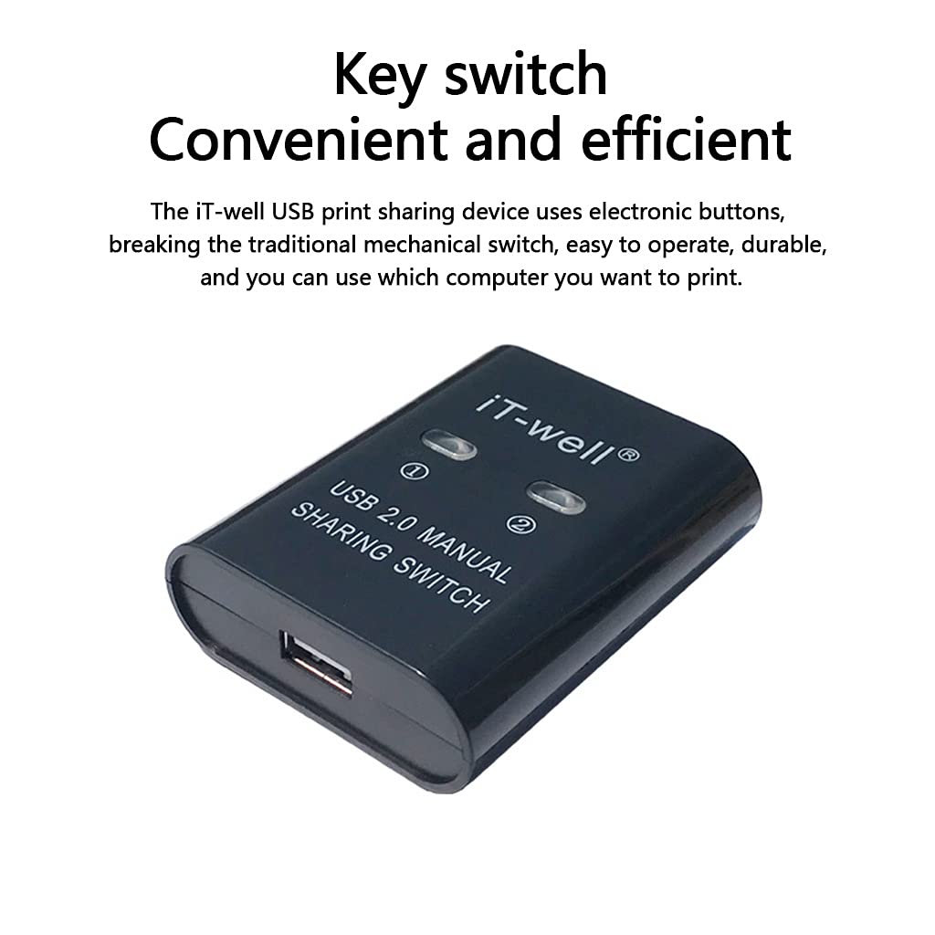 Heylulu USB Switch Selector 2-Port KVM Adapter - Share 1 USB Device Between 2 Computers for Printer, Keyboard & Mouse - USB Printer Sharing Converter (Black) - Perfect for Home Office & Multi-PC Workstations