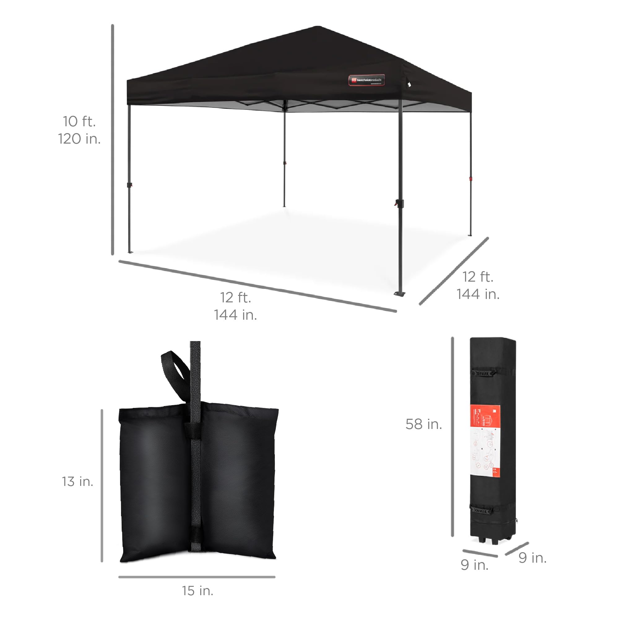 Best Choice Products 12x12ft Instant Pop Up Canopy Tent - 1-Person Setup Portable Shelter with Push Button, Carry Case & 4 Weight Bags (Black) - Perfect for Outdoor Events, Camping, Beach, Picnics, and Backyard Parties