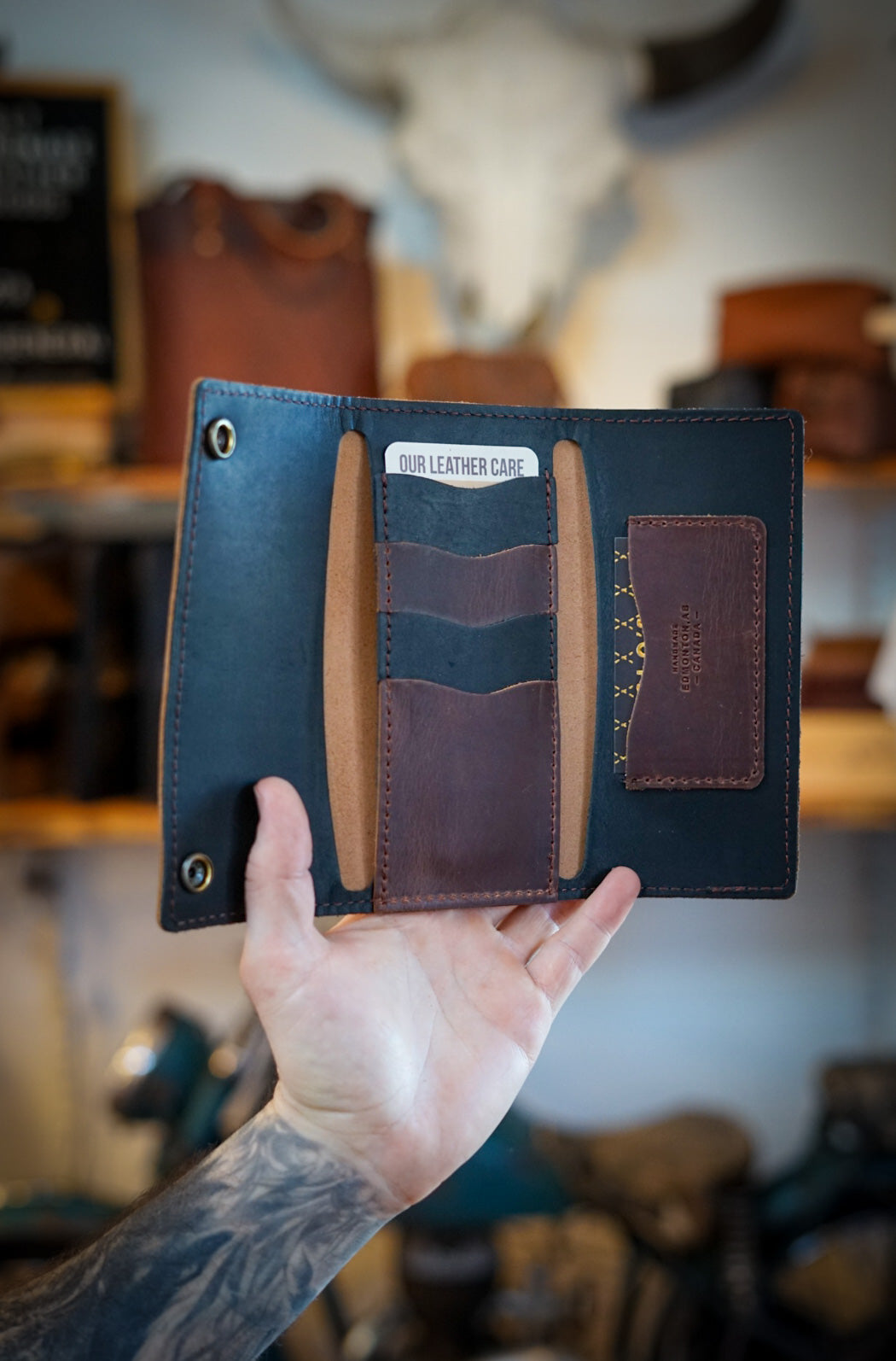 Premium Trifold Long Leather Wallet for Men - Hardtimes Brown with Flat Black Accents | Slim RFID Blocking Bifold Wallet | Perfect for Everyday Carry, Business & Travel