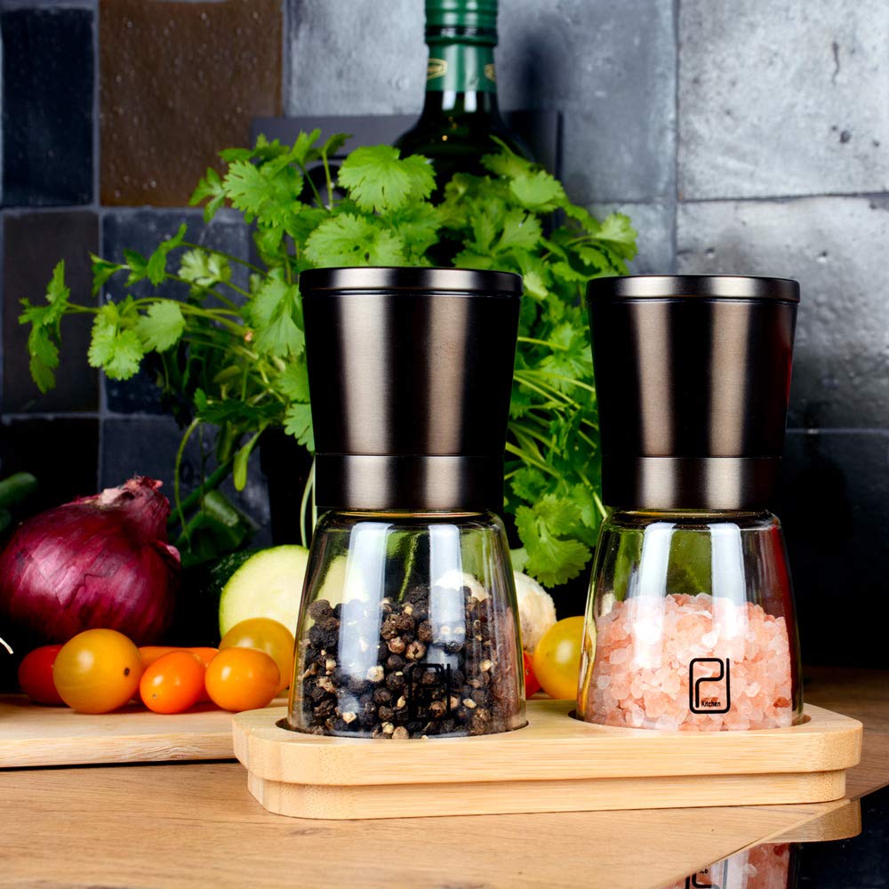 Premium Black Stainless Steel Salt and Pepper Grinder Set with Bamboo Wood Stand - Adjustable Coarseness Gunmetal Spice Mill - Bronze Pepper Grinder & Salt Shaker Set for Kitchen, Dining Table, BBQ, Camping & Gift Giving