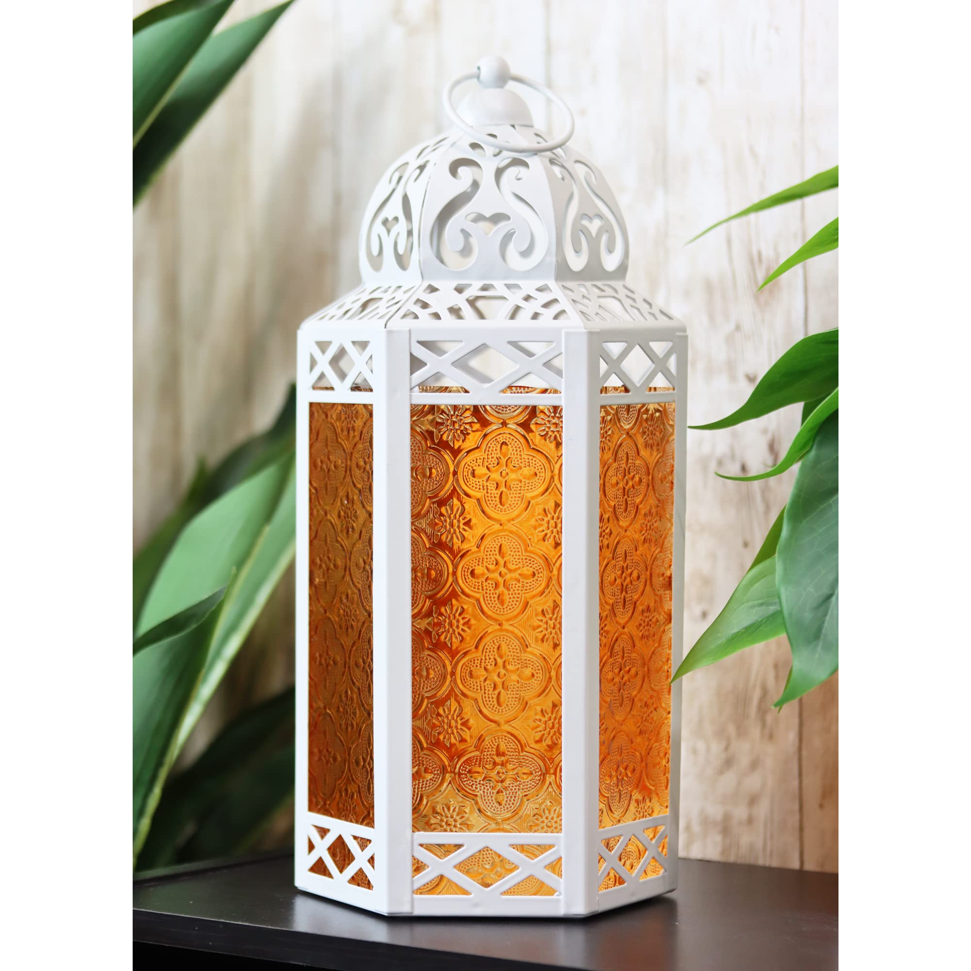 White Metal Moroccan Decorative Candle Lantern Holder - Set of 12 Large Amber Glass Vela Lanterns for Patio, Garden, Wedding & Home Decor | Indoor & Outdoor Use