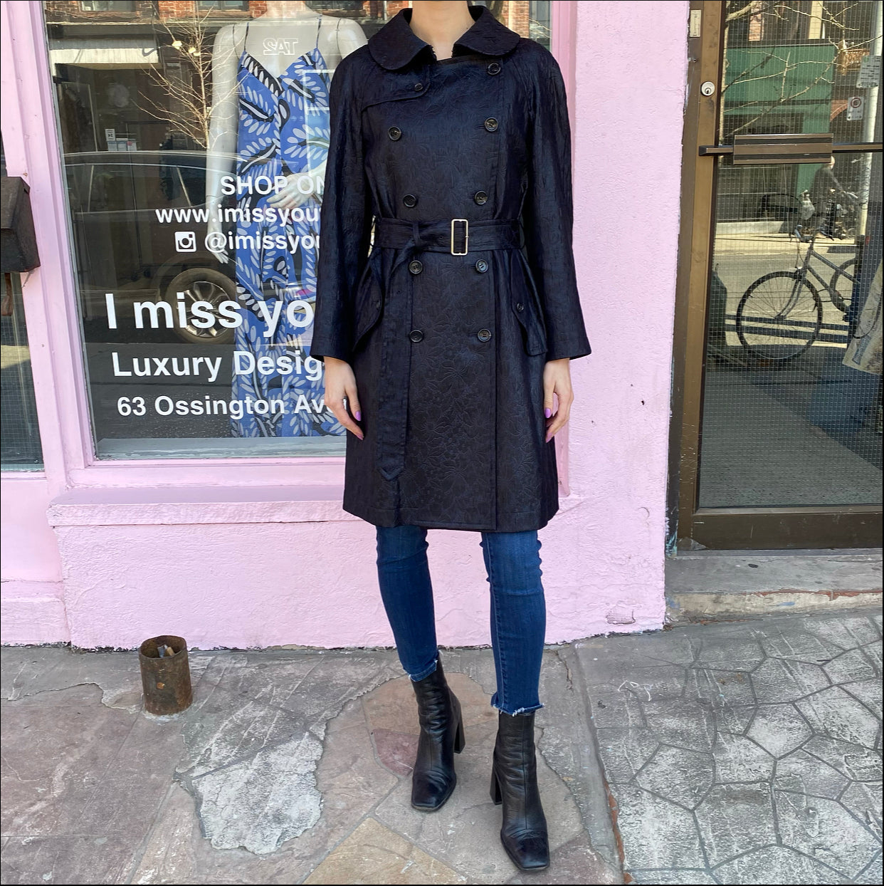 Comme des Garcons Black Jacquard Floral Trench Coat for Women - Stylish Long Coat with Elegant Floral Pattern, Perfect for Fall and Winter Fashion, Office Wear & Date Night Outfits