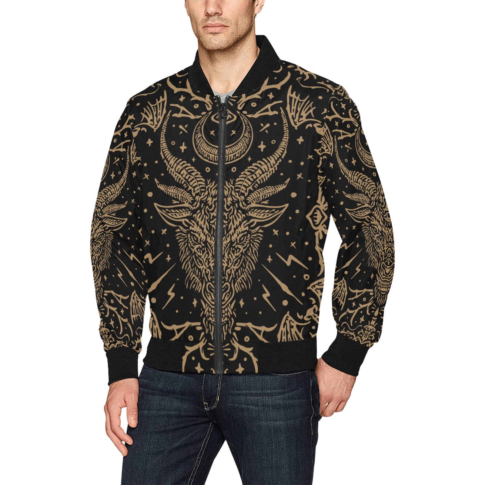 Gothic Baphomet Embroidered Bomber Jacket for Men & Women | Occult Streetwear Fashion | Perfect for Halloween, Cosplay, and Alternative Style Outfits