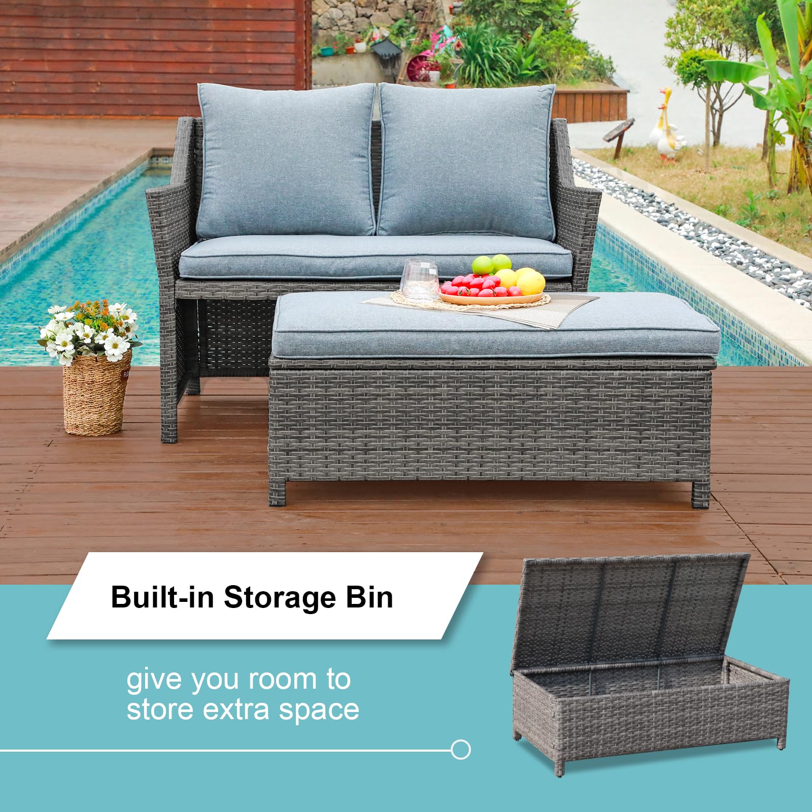 OC Orange-Casual 2-Piece Outdoor Patio Furniture Set - Grey Rattan Wicker Loveseat with Coffee Table & Built-in Storage Bin, Includes Grey Cushions - Perfect for Garden, Balcony, and Poolside Relaxation