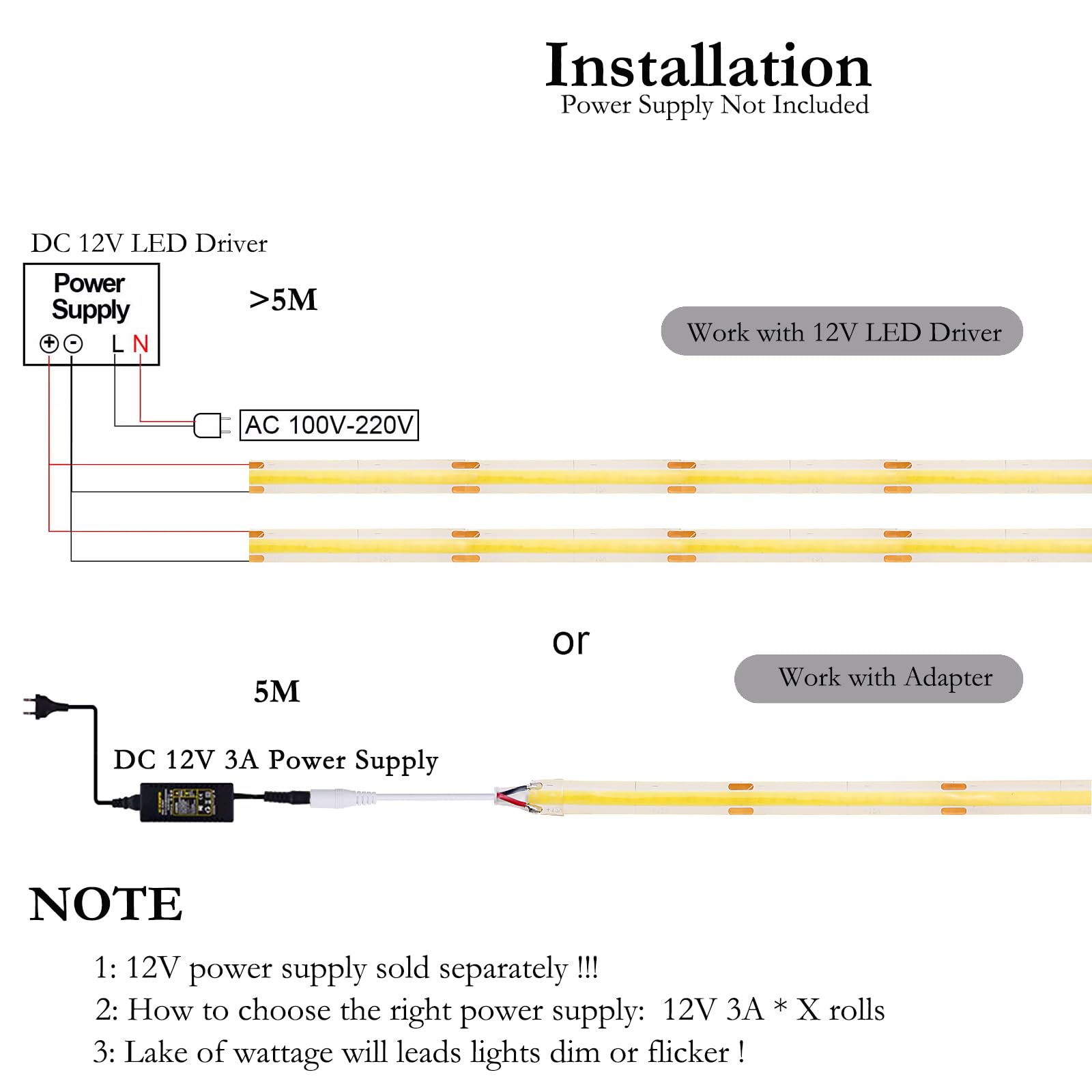 JOYLIT 12V COB LED Strip Light 3000K Warm White, 6M 320LEDs/M 4500LM Uniform Brightness, CRI 90+ Flexible Adhesive Dimmable LED Tape for Home, Kitchen, Bedroom, Cabinet Lighting (LED Strip Only)