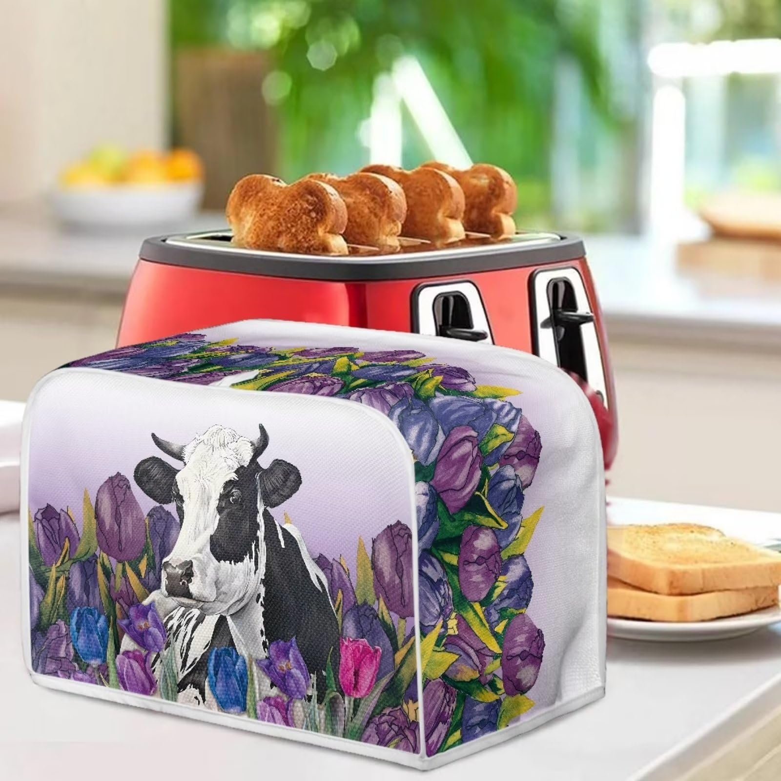 Tulip Cow Print Toaster Cover - 2 Slice Wide Slot Kitchen Appliance Protector - Durable Bread Maker Cover with Zipper - Fingerprint Resistant - Perfect Gift for Women - Ideal for Modern Kitchens, Breakfast Nooks & Home Decor