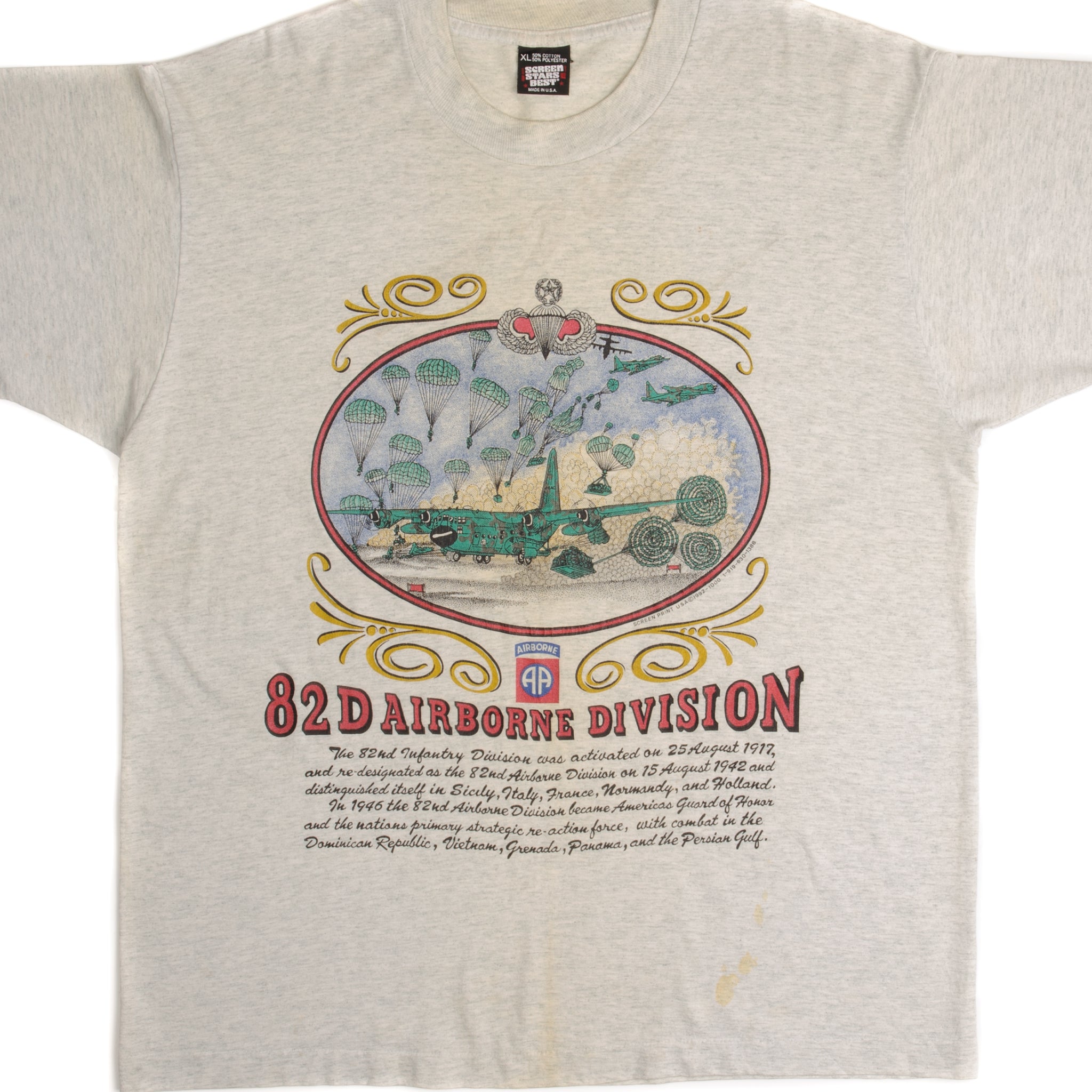 Vintage US Army 82nd Airborne Division T-Shirt 1992 - Large Size, 100% Cotton, Made in USA - Military Apparel for Veterans & History Enthusiasts