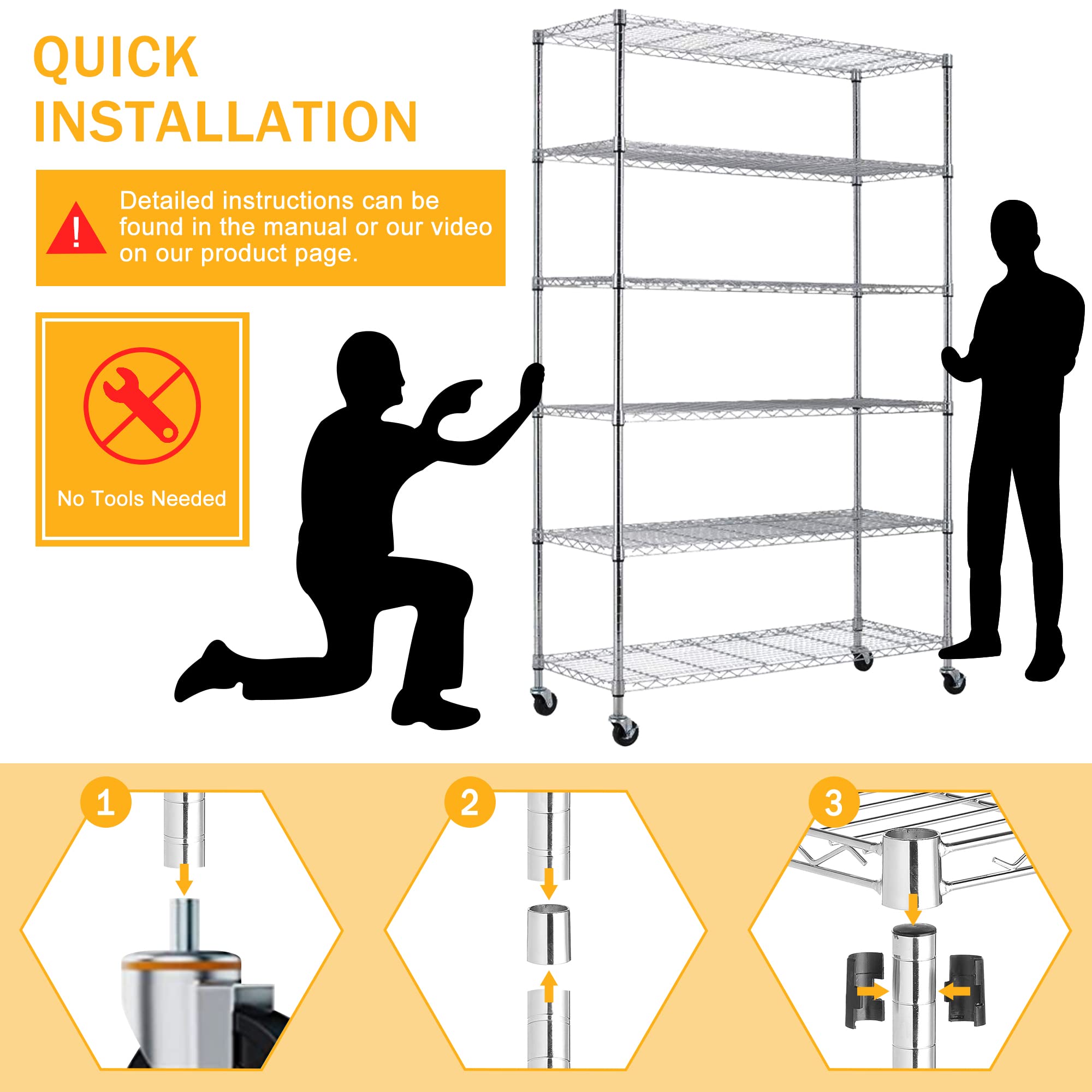 6-Tier Heavy Duty Steel Wire Shelving Rack with Wheels - 48
