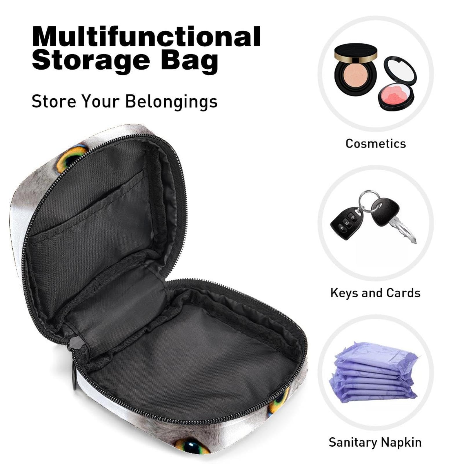 **Menstrual Cup & Pad Organizer Bag - Portable Hygienic Pouch for Women & Girls - White Cat Design - Perfect for Travel, Gym, and Daily Use**