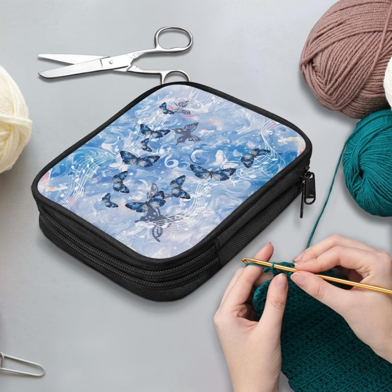 Hechitok Butterfly Marble Crochet Hook Case - Zippered Storage Organizer Bag with Web Pockets for Crochet Needles, Knitting Accessories & Crochet Hook Kit Tools - Portable & Easy to Hold - Perfect for Knitting Projects, Yarn Crafts & Travel Organization