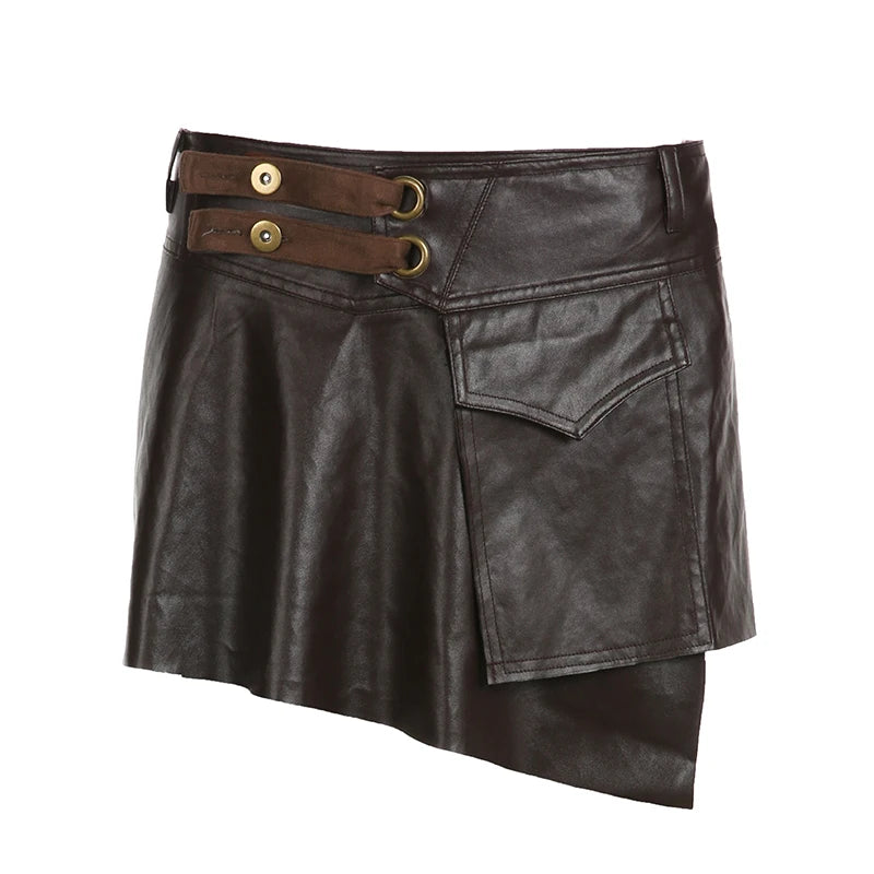 **Brown Asymmetrical Wrap Leather Skirt for Women - Retro Low Rise Mini Skirt with Button Detail | Summer Streetwear & Party Outfits | Perfect for Casual Wear, Night Out & Fashion Events**