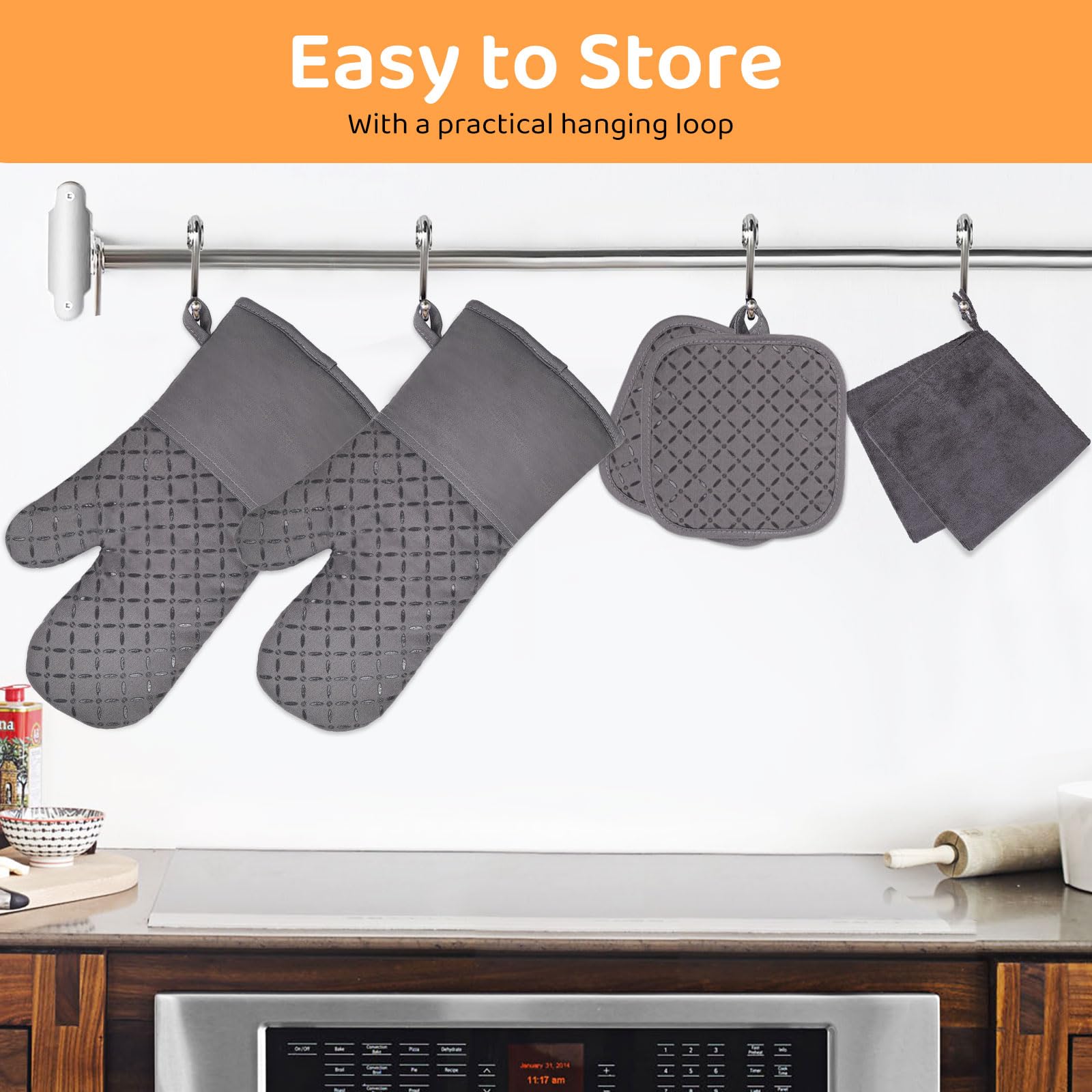 6Pcs Heat Resistant Oven Mitts and Pot Holders Set - 500°F Safe Baking Gloves with Soft Cotton Lining & Non-Slip Silicone Surface - Perfect for Cooking, Baking, BBQ and Kitchen Safety