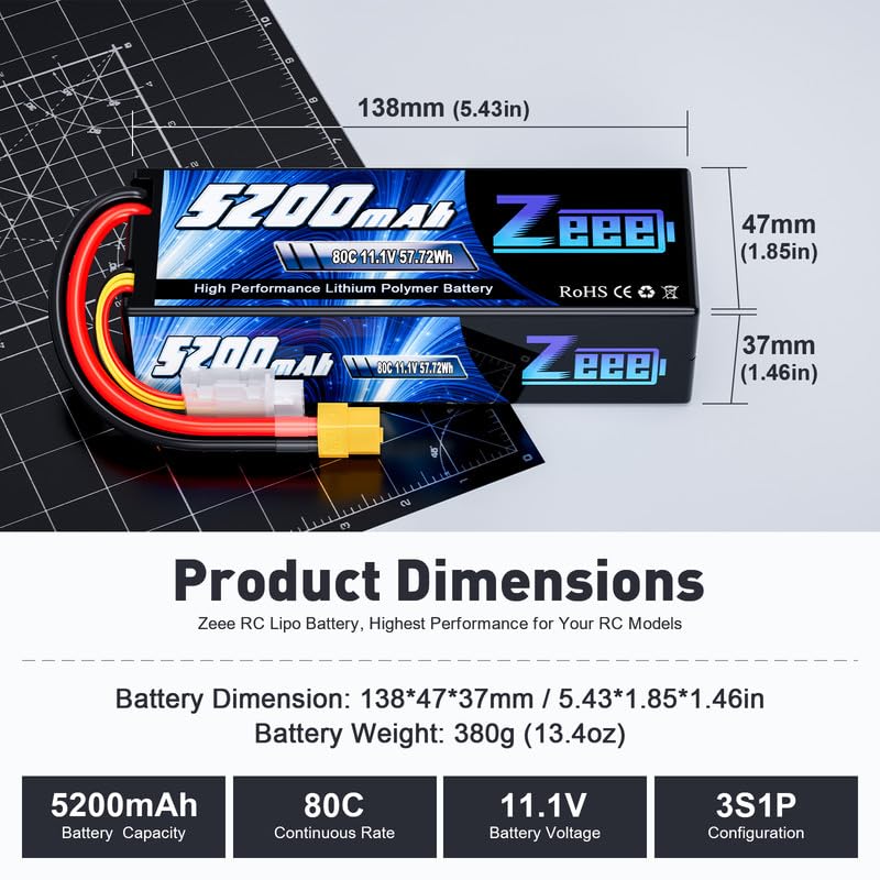 Zeee 3S 5200mAh 11.1V 80C Lipo Battery with XT60 Connector - Hard Case RC Battery for Cars, Trucks, Boats, Drones & Airplanes | High Performance Power for Racing & Hobby Use