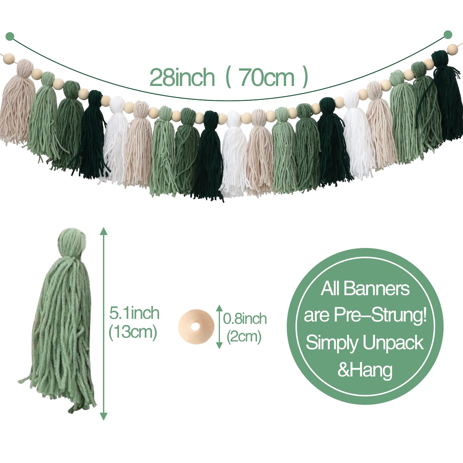Natural Wood Bead Garland with Green Tassels - Boho Wall Hanging Decor for Nursery, Kids Bedroom, Baby Shower & Birthday Party | Perfect for Bohemian Home Decor and Photo Backdrops
