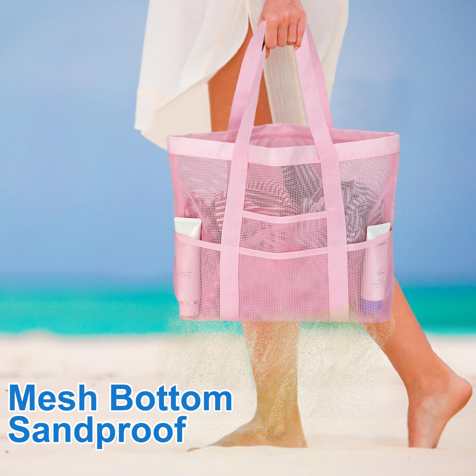 Waterproof Mesh Beach Tote Bag for Women & Family - Large 9-Pocket Organizer for Swimwear, Towels & Essentials | Perfect for Pool, Vacation & Summer Travel