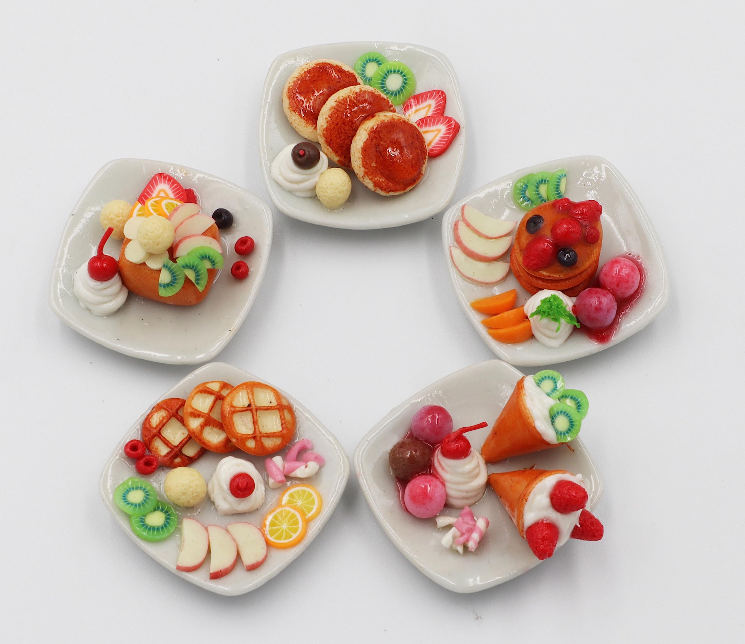 Handmade Miniature Pancake & Waffle Set - 5 Tiny Dollhouse Food Accessories for DIY Crafts, Miniature Kitchen Decor, and Collectibles - Perfect for Dollhouse Scenes, Fairy Gardens, and Miniature Displays