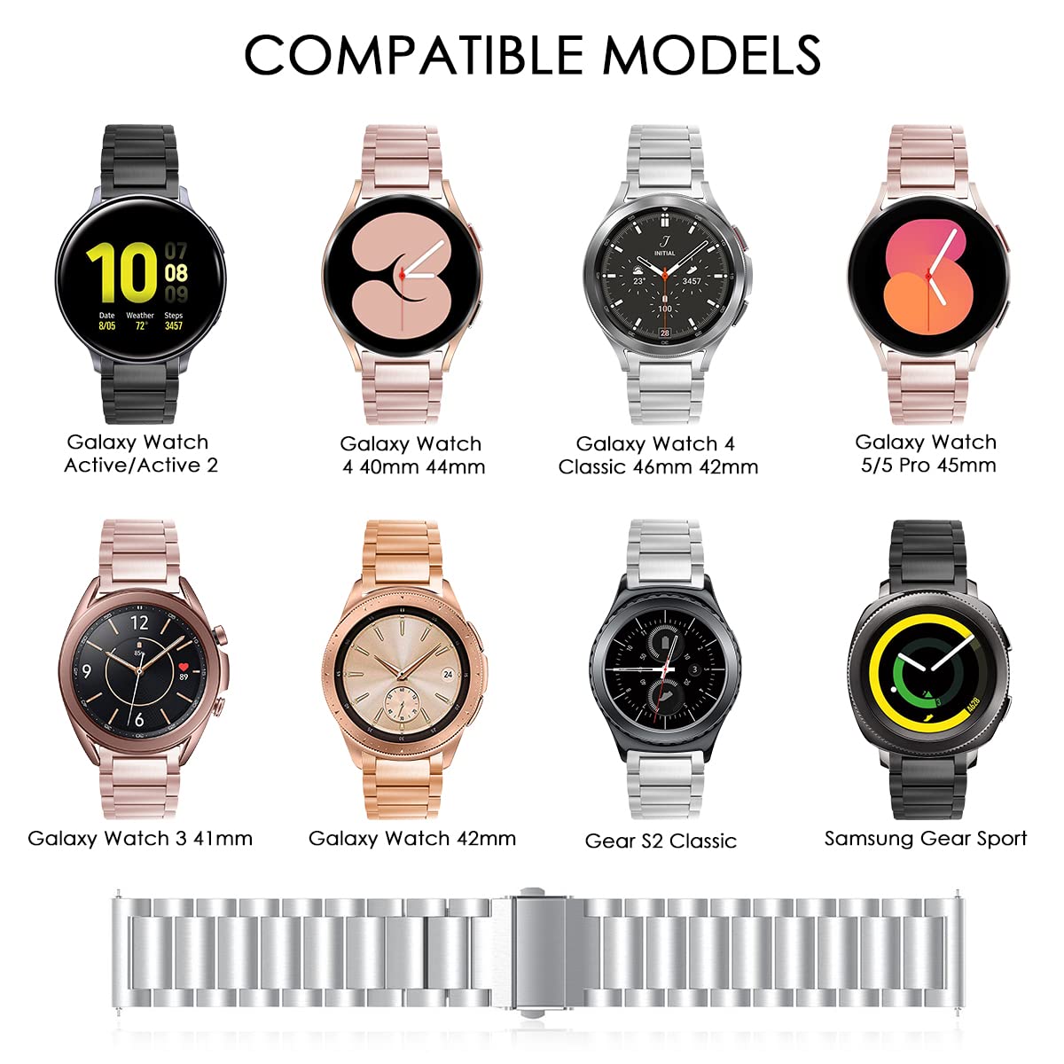 Premium Stainless Steel Metal Watch Band for Samsung Galaxy Watch Active/Active 2 (40mm/44mm), Galaxy Watch 4/4 Classic, Watch 5/5 Pro, Watch 3 (41mm/42mm) - Durable Replacement Strap for Workout, Office & Everyday Wear