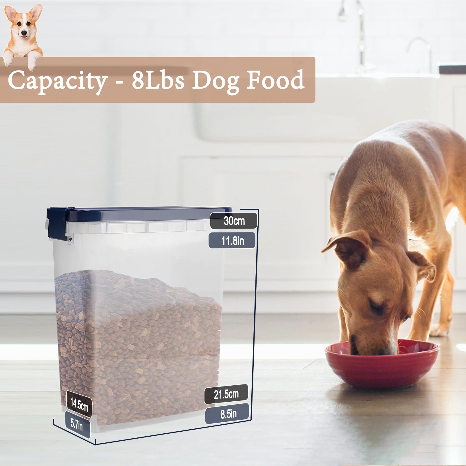8 Lbs Airtight Pet Food Storage Container with Scoop - Locking Lid Dog & Cat Food Bin for Dry Kibble, Bird Seed & Treats - Royal Blue - Perfect for Kitchen Pantry, Pet Feeding Station & Travel Storage
