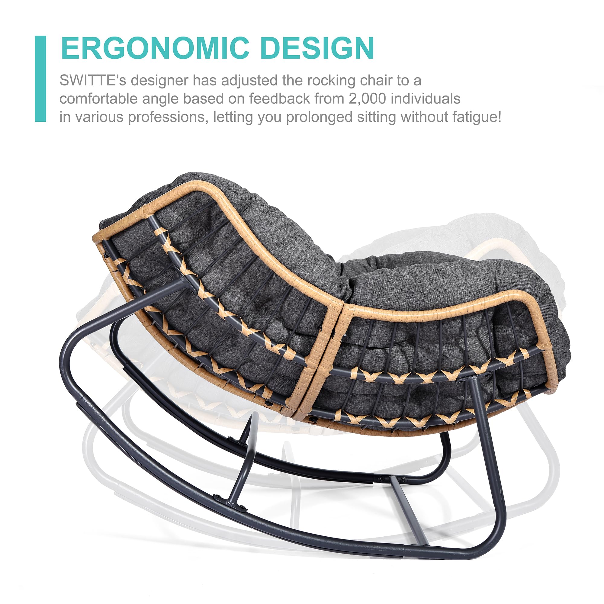 SWITTE Modern Outdoor Rocking Chair - Patio Egg Rocking Chair with Rattan Wicker Design - Indoor Papasan Lounge Chair for Bedroom, Living Room, Porch, Garden & Lawn - Dark Grey - Perfect for Relaxing, Reading & Sunbathing