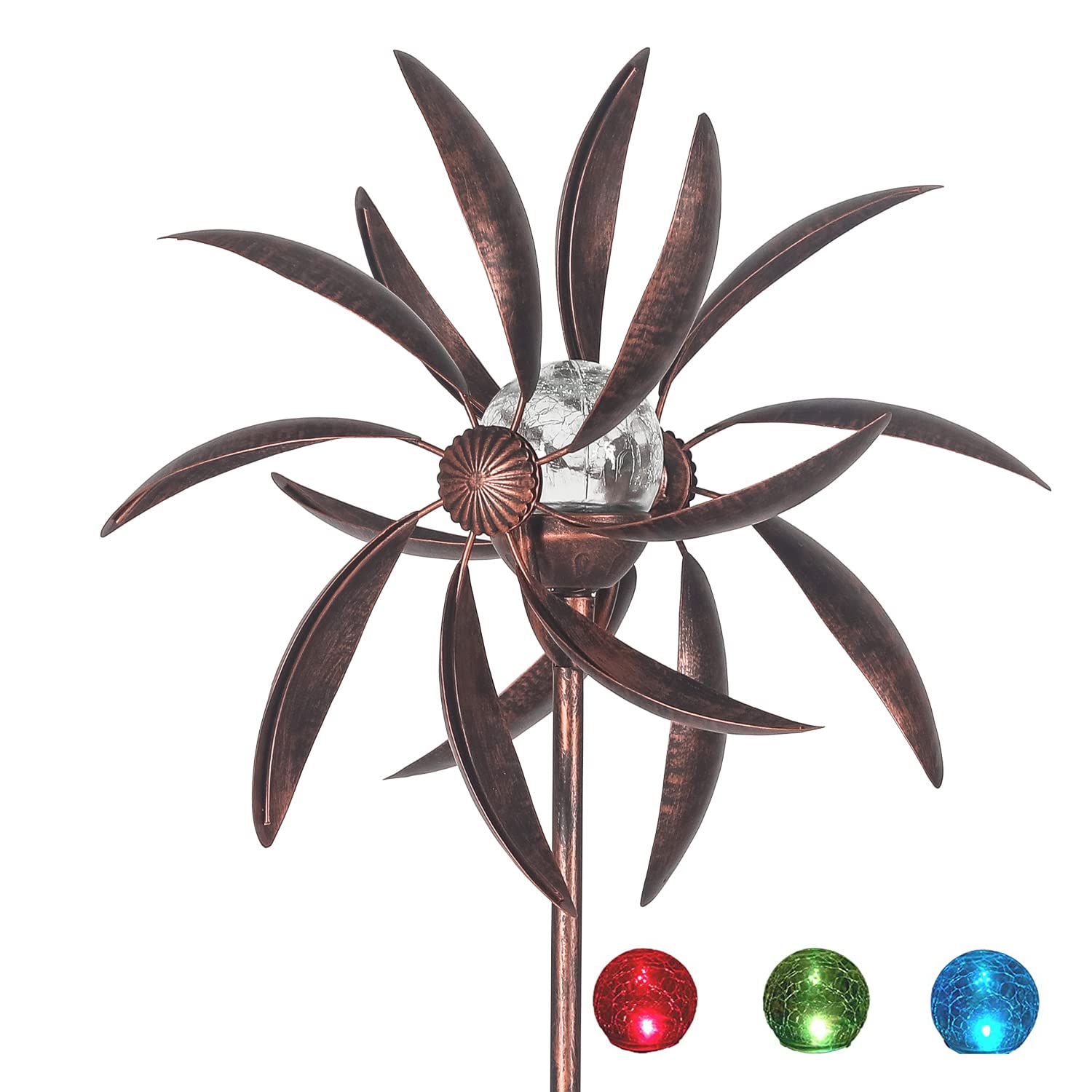 Adeco Solar Wind Spinner Lights - Auto-Changing Color Outdoor Decor, Waterproof Kinetic Garden Sculpture for Patio, Yard, Pathway - Bronze Leaves Design | Perfect for Garden, Lawn, Deck & Landscape Lighting