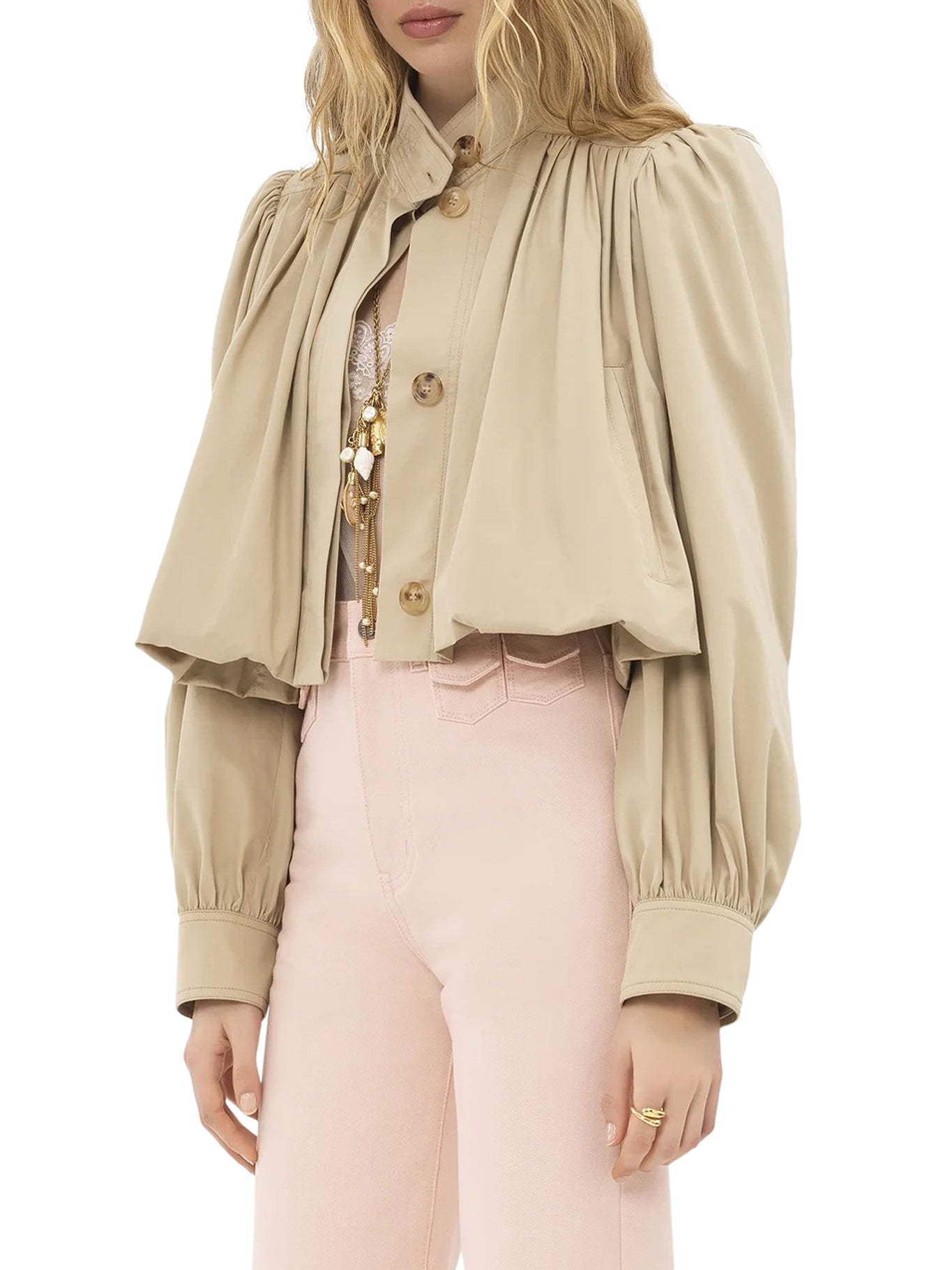 Gathered Boule Jacket in Cotton Gabardine - Women's Casual Outerwear for Fall & Winter | Perfect for Office, Travel, and Everyday Wear