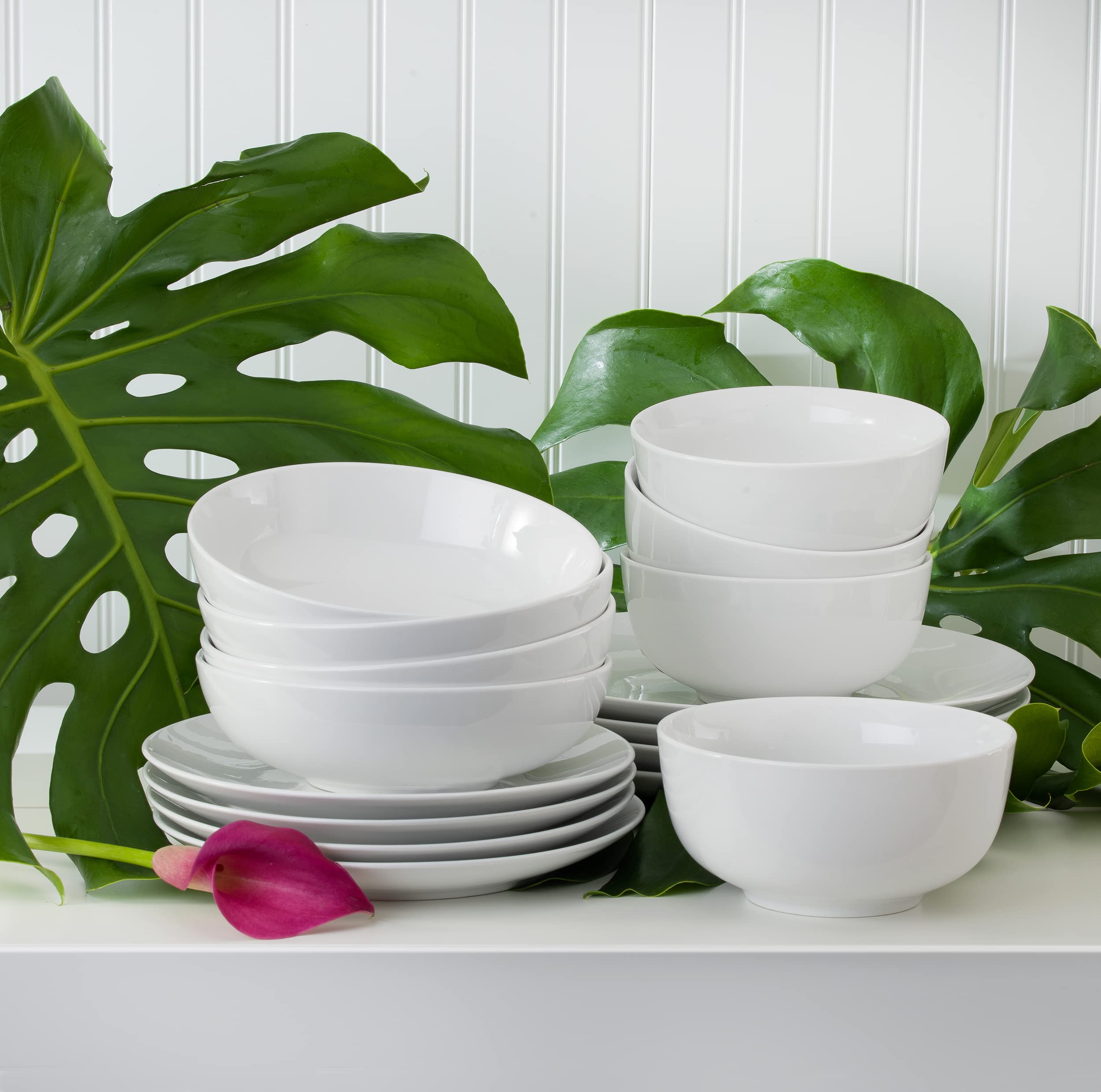 Euro Ceramica Essential Collection 16-Piece Porcelain Dinnerware Set - 4 Pasta Bowls Included, Elegant White Tableware for Family Dinners & Entertaining Guests | Dishwasher & Microwave Safe