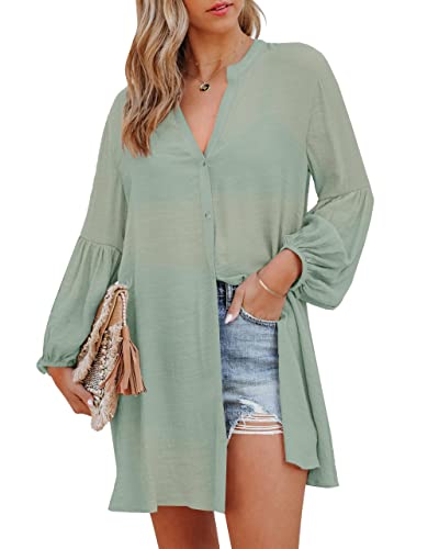 Women's Summer Beach Cover Up - Puff Sleeve V-Neck Button Down Shirt for Swimwear & Vacation | Perfect for Poolside, Resort Wear & Tropical Getaways