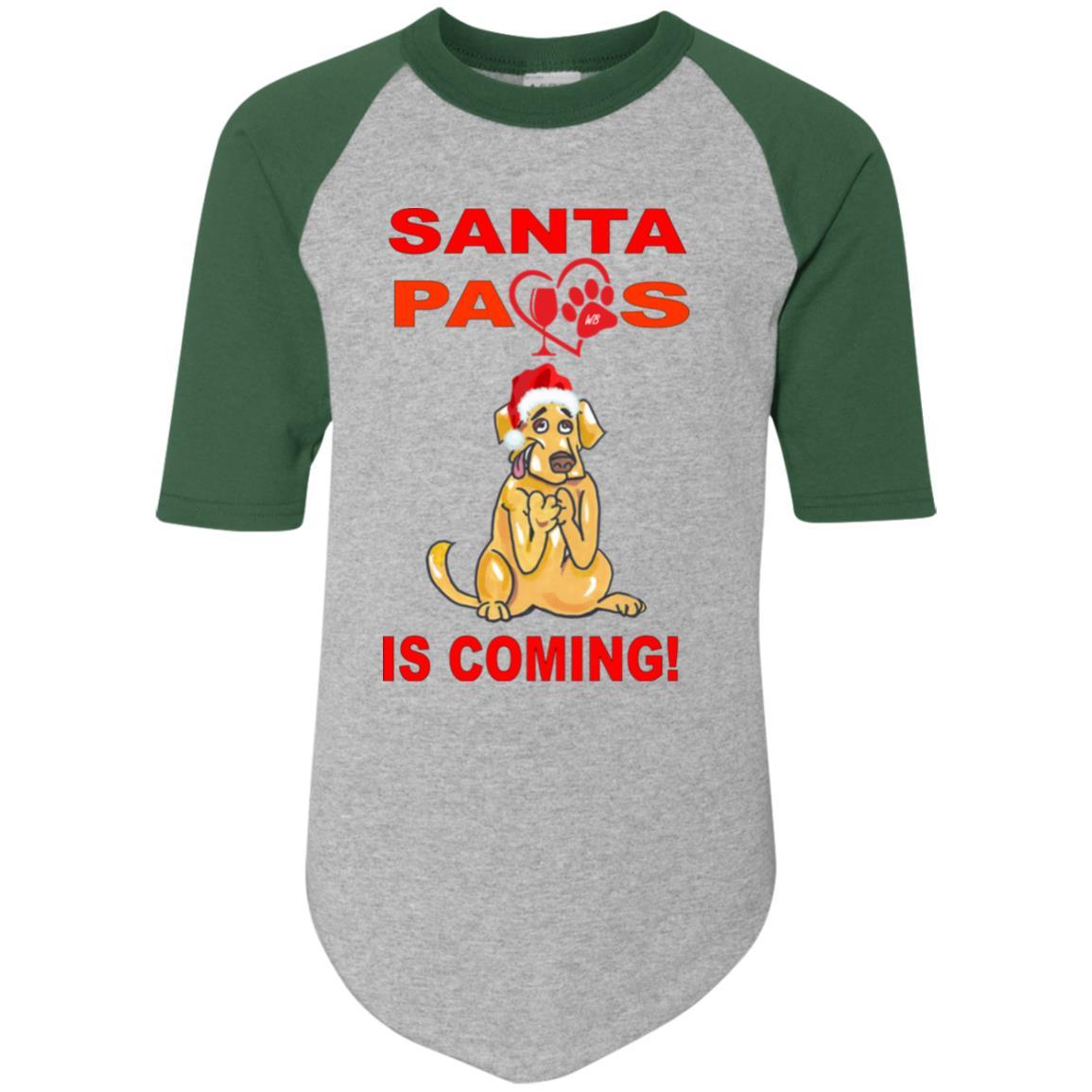 Santa Paws Is Coming - Youth Colorblock Raglan Jersey for Dogs | Christmas Pet Apparel | Holiday Photo Outfits & Festive Dress Up