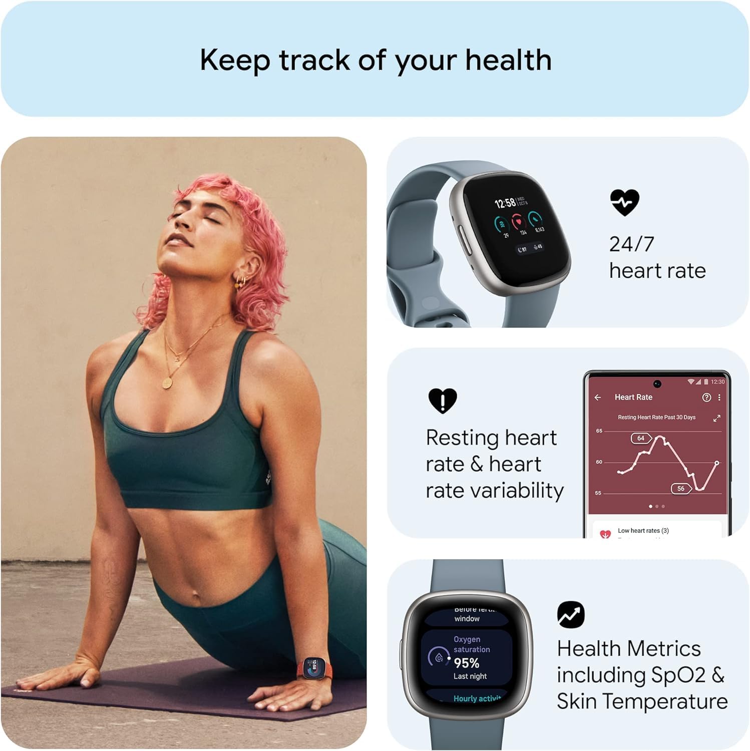 Fitbit Versa 4 Smartwatch with GPS, Heart Rate Monitor & 40+ Exercise Modes - Waterfall Blue/Platinum Bundle (Includes Cleaning Cloth & Charger) | Fitness Tracker for Running, Swimming, Cycling & Sleep Tracking | Ideal for Men & Women Active Lifestyles & Workouts