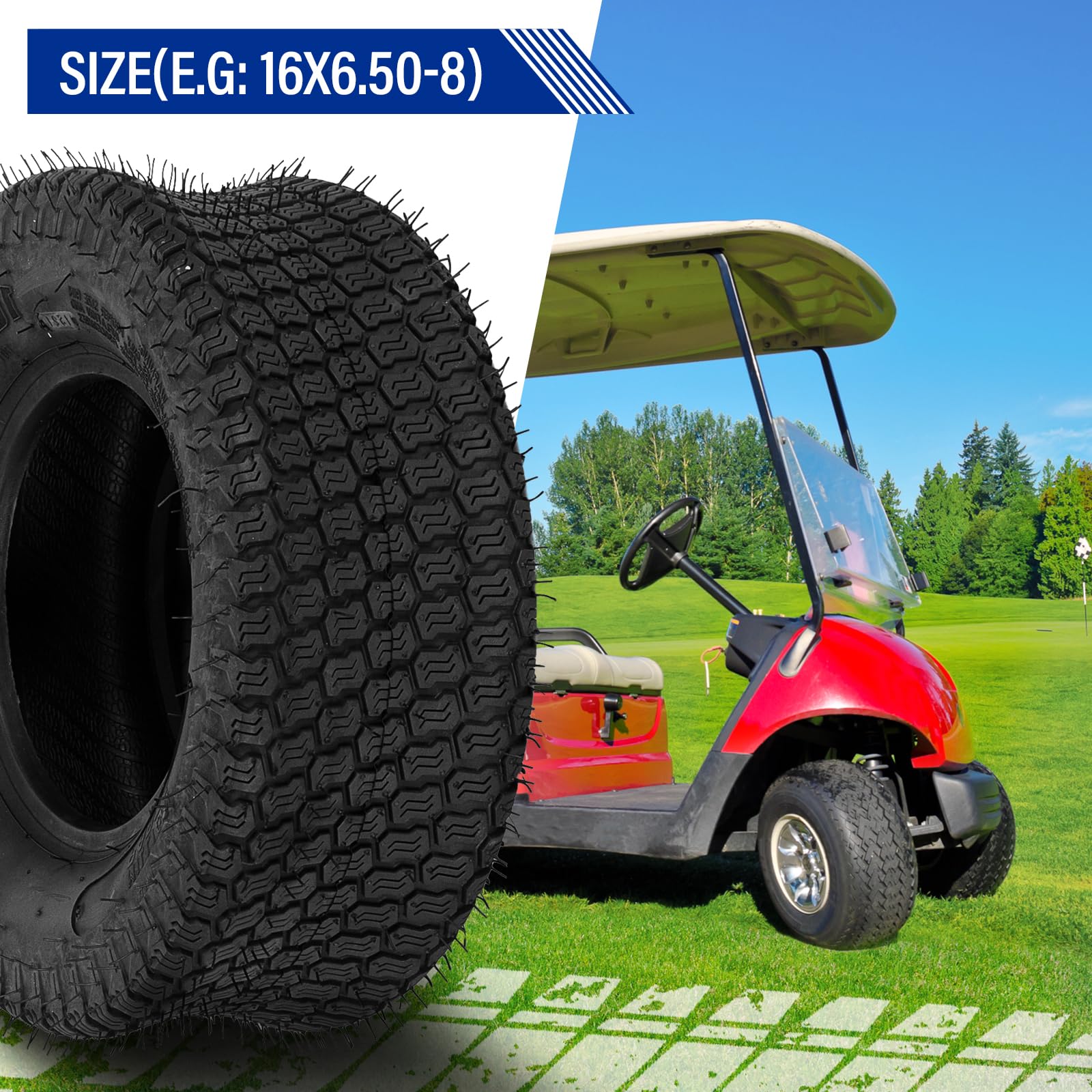 16x6.50-8 Tubeless Turf Tires - 2 Pack for Lawn Mowers, Garden Tractors & Golf Carts - All-Terrain Performance for Smooth Riding on Grass, Turf and Light Duty Applications