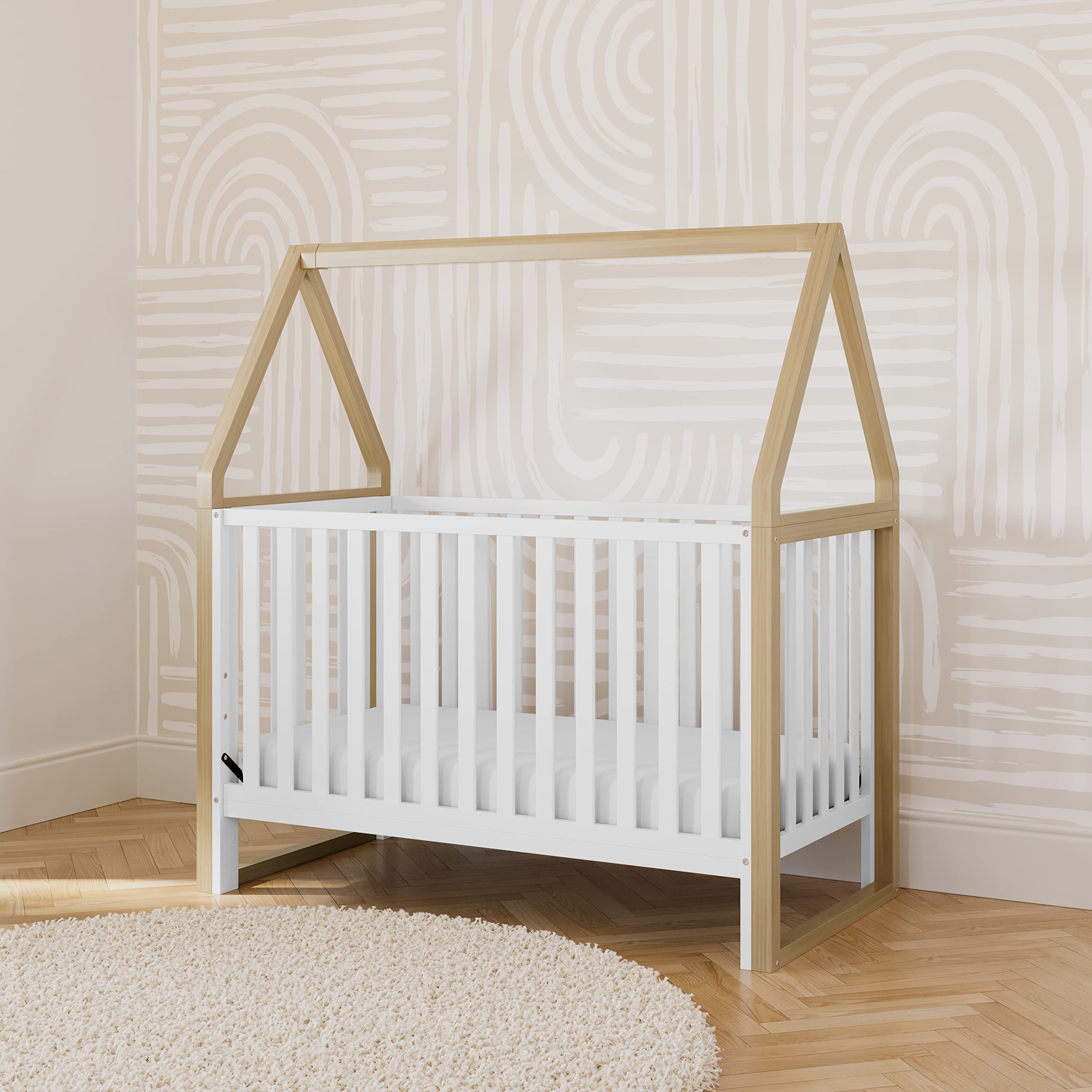 Storkcraft Orchard 5-in-1 Convertible Crib (White with Driftwood) – GREENGUARD Gold Certified Baby Crib | Converts to Toddler Bed, Daybed & Full Bed | Safe Nursery Furniture for Newborns & Toddlers | Perfect for Modern Nurseries & Small Bedrooms