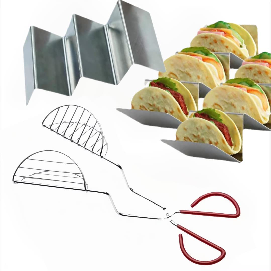 3-Pack Taco Shell Maker Press with Tortilla Fryer Tongs & Metal Stands - Easy Homemade Stand-Up Tacos for Parties, Cinco de Mayo & Family Dinners
