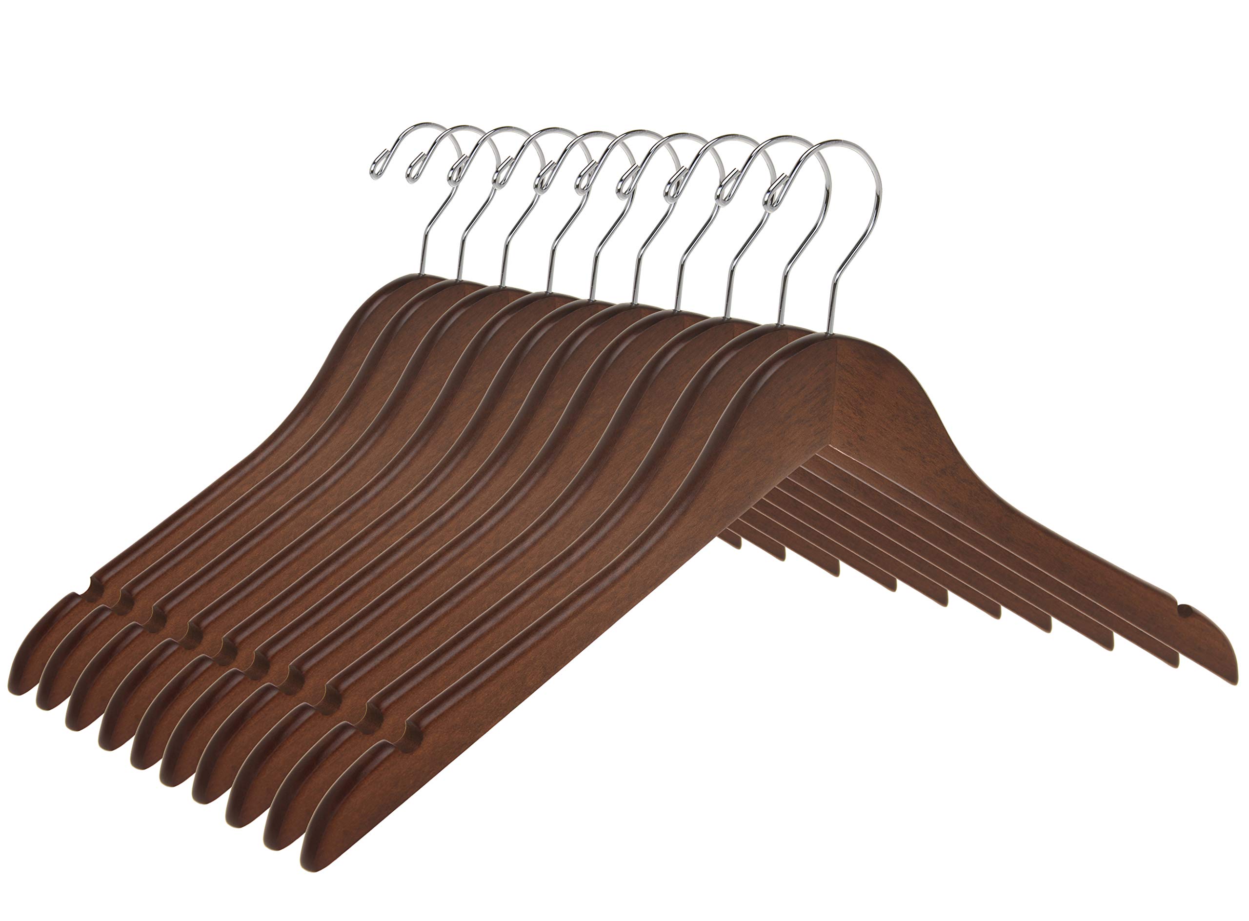 Premium Semi-Curved Wooden Suit Hangers - 10-Pack Smooth Finish Solid Wood Coat Hangers with 360° Swivel Hook for Jackets, Pants & Dresses (Walnut - Chrome Hook) - Perfect for Closet Organization & Luxury Wardrobe Storage