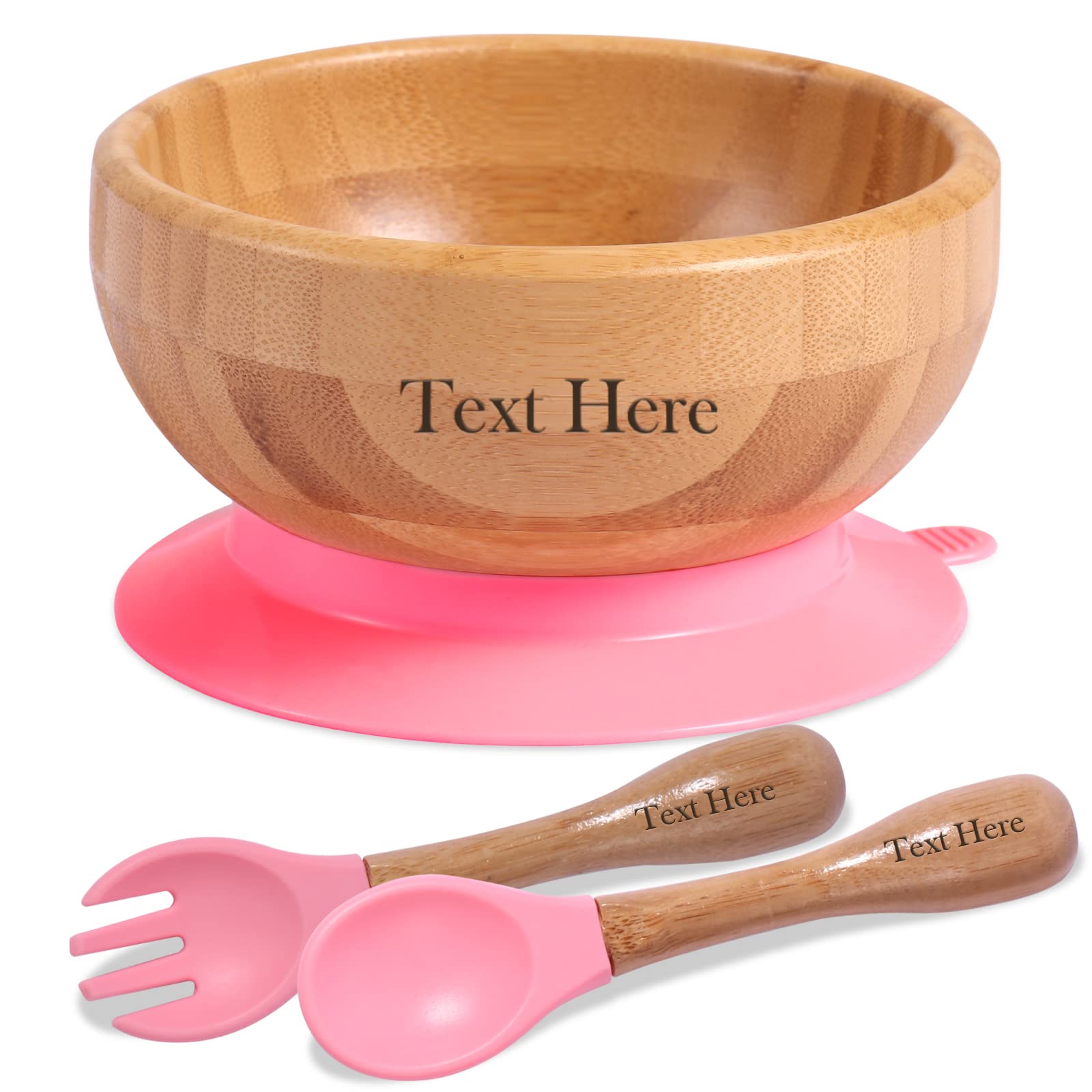 OXYEFEI Personalized Bamboo Baby Bowl with Detachable Suction Base & Silicone Spoons Set - BPA Free, Eco-Friendly Kids Feeding Bowl - Easy to Clean (Pink) - Perfect for Baby-Led Weaning, Toddler Mealtime & Travel Use