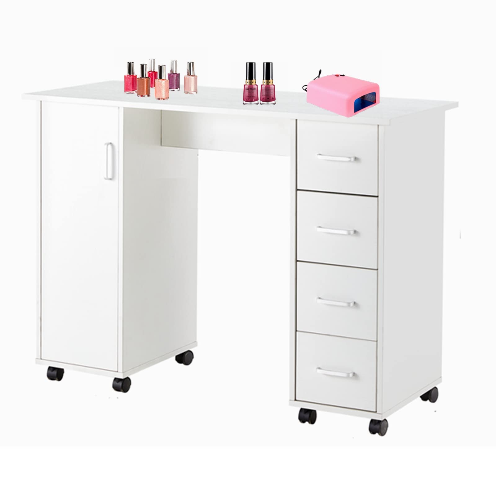 Gynsseh Professional Manicure Table Nail Station for Nail Technicians - Acetone Resistant Nail Desk with Adjustable Wheels, Storage Cabinet & Drawers - Perfect for Beauty Salons, Art Spas & Home Offices (White) - Ideal for Nail Art, Pedicures & Salon Services