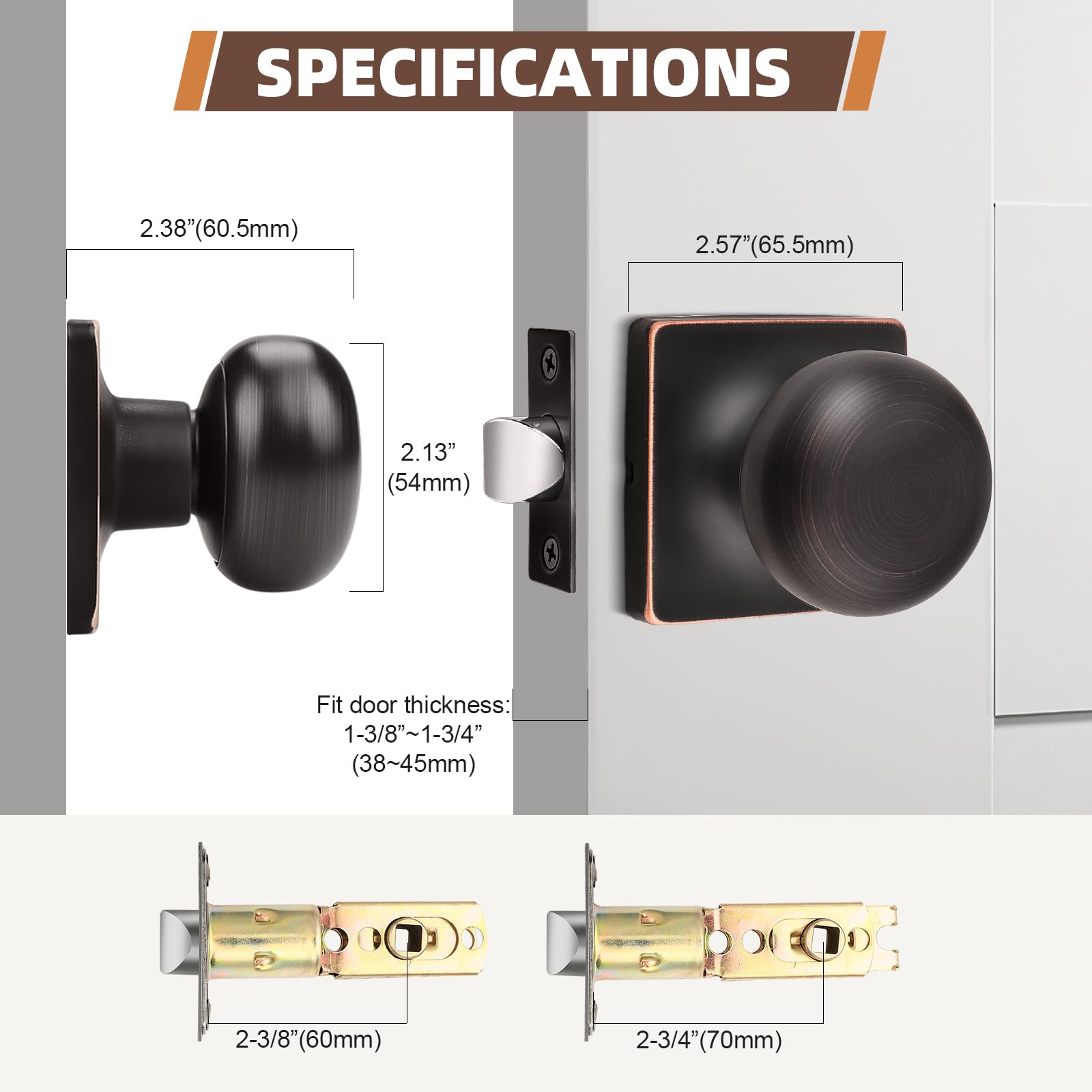 GOBEKOR 3 Pack Keyless Passage Door Knobs - Oil Rubbed Bronze Interior Door Knob with Lock, Stainless Steel Round Knob for Hallway, Bedroom & Closet - Easy Installation & Smooth Operation