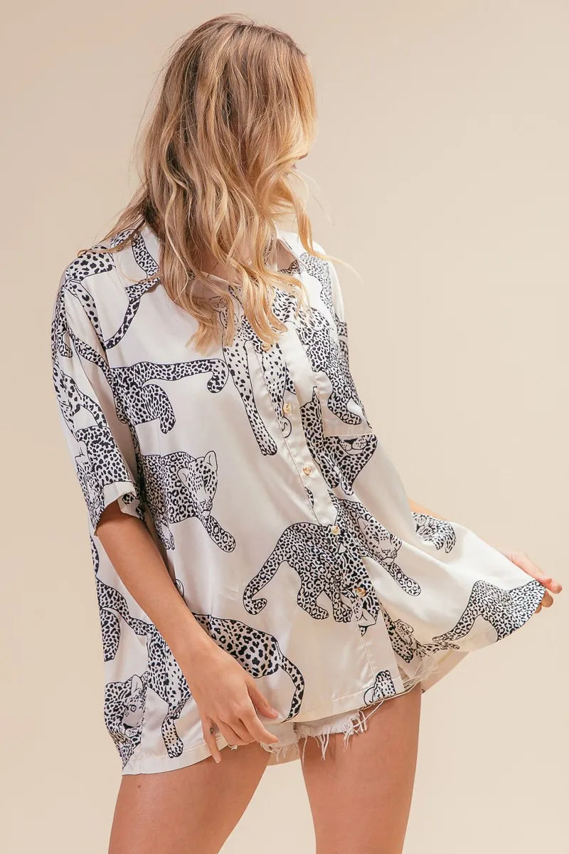 BiBi Leopard Print Short Sleeve Silky Satin Shirt Top for Women - Stylish Blouse for Casual Wear, Office Outfits & Night Out