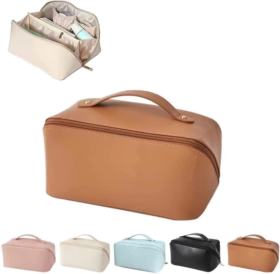 Premium Leather Cosmetic Bags for Women - Large Capacity Waterproof Makeup Travel Organizer | Roomy Travel Toiletry Bag for Women & Girls (Beige) | Perfect for Air Travel, Gym, Beach & Daily Essentials Storage