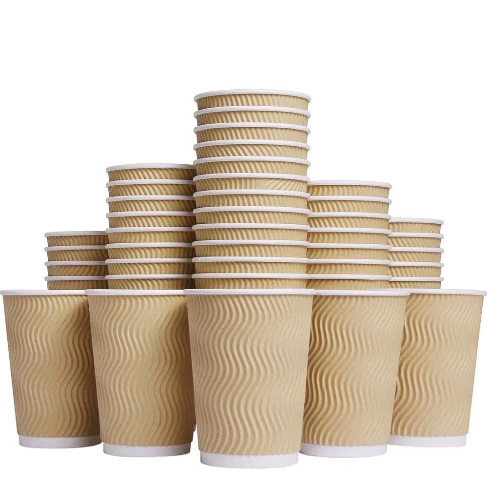 8 oz Disposable Insulated Coffee Cups - 100 Pack Brown Corrugated Ripple Wall Paper Hot Drink Cups for Coffee, Tea, Hot Chocolate - Perfect for Cafes, Offices, and Takeout