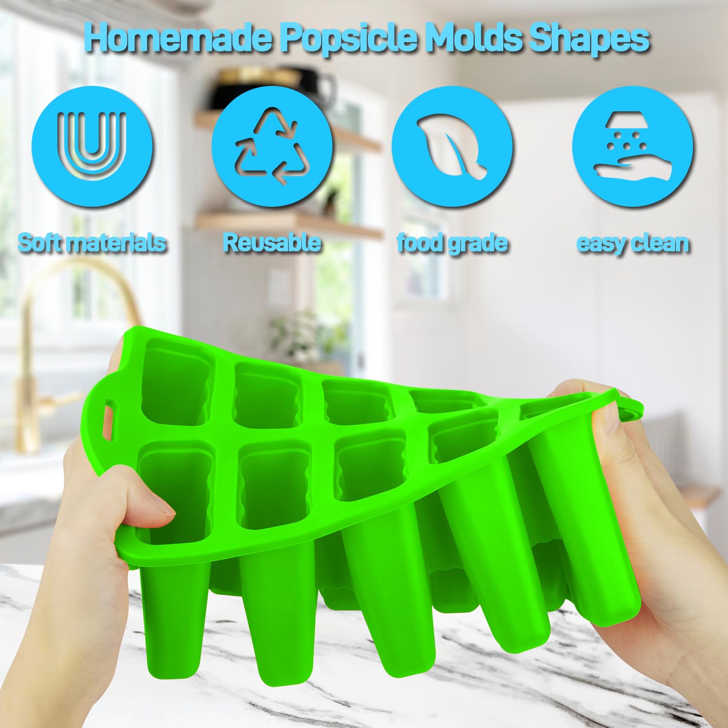 Premium Food-Grade Silicone Popsicle Molds - 10 Cavity Reusable Ice Pop Maker for Kids & Adults | BPA-Free Homemade Ice Cream & Frozen Treats Mold | Perfect for Summer Parties, Snacks & Healthy Desserts (Green)