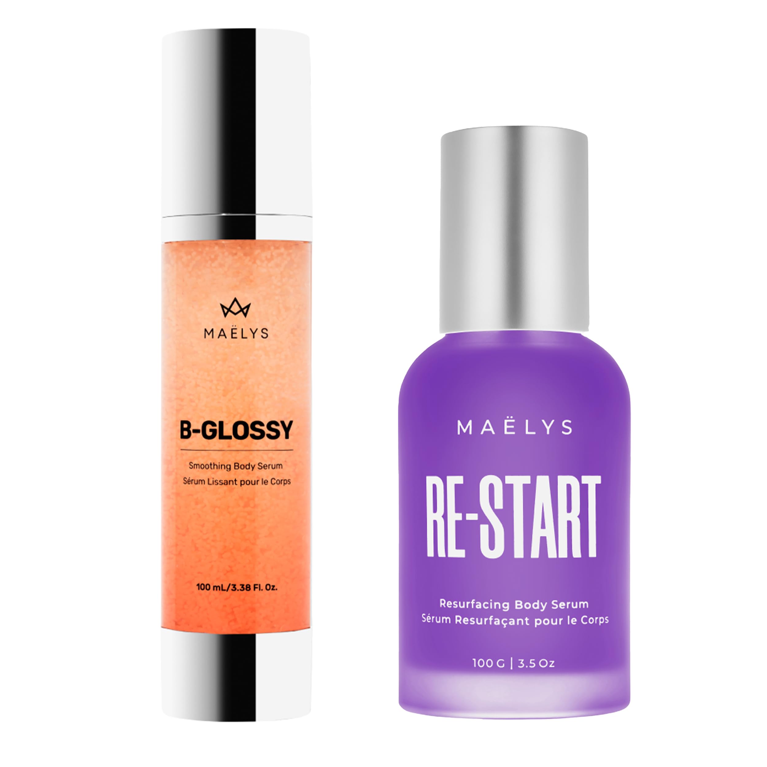 MAËLYS B-GLOSSY Smoothing Body Serum & RE-START Resurfacing Body Serum Duo - Hyaluronic Acid & Peptide Infused for Deep Hydration & Skin Renewal | Perfect for Dry Skin Care & Post-Workout Recovery