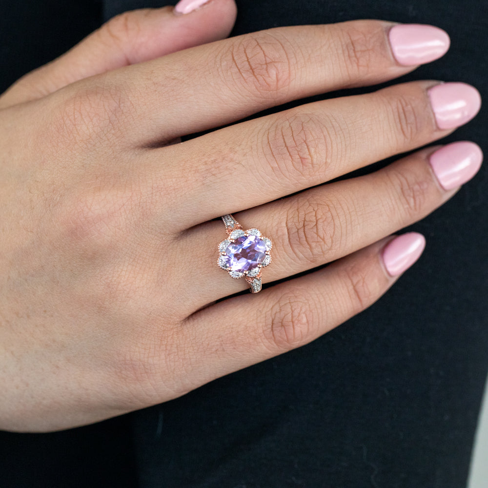 9ct Rose Gold 2.40ct Amethyst & 1/10ct Diamond Ring for Women - Elegant Purple Gemstone Jewelry for Engagement, Anniversary & Special Occasions