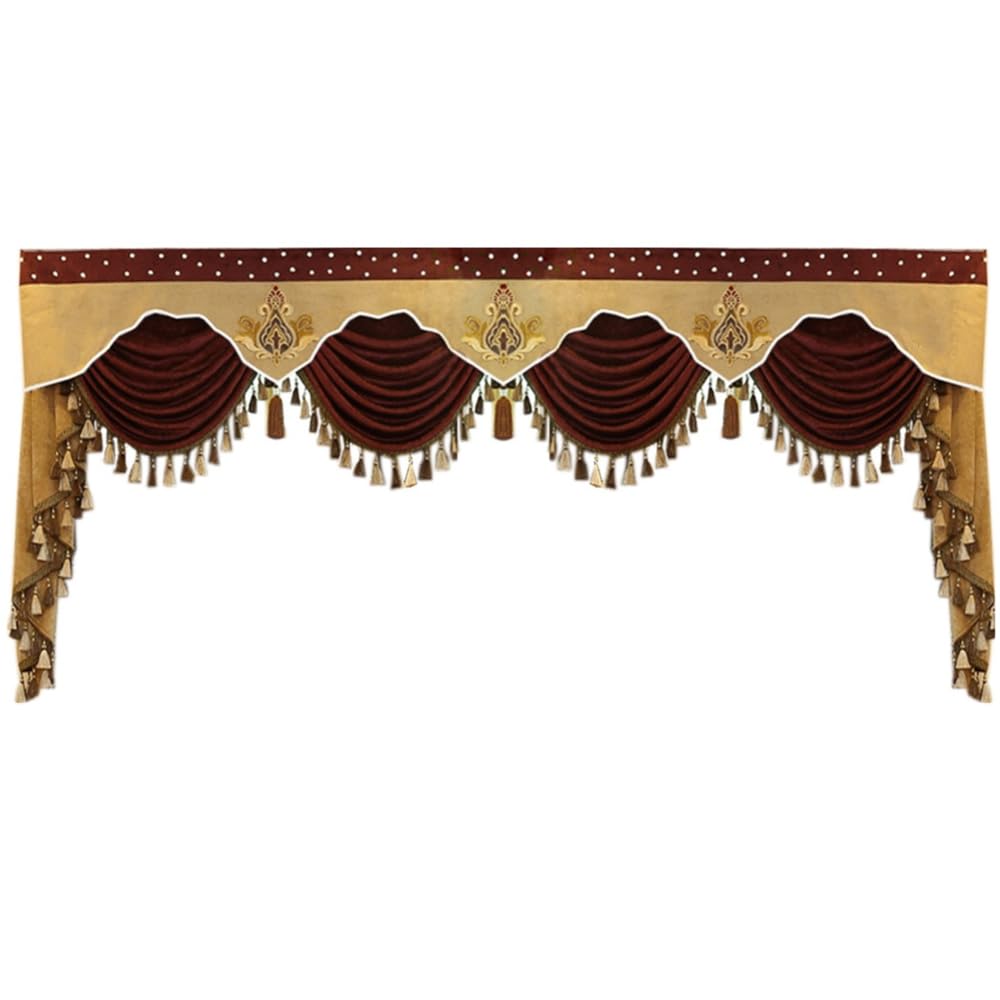 European Brown Burgundy Waterfall Valance with Tassel - Chenille Curtain Swag for Living Room Windows - Elegant Home Decor for Bedroom & Dining Room