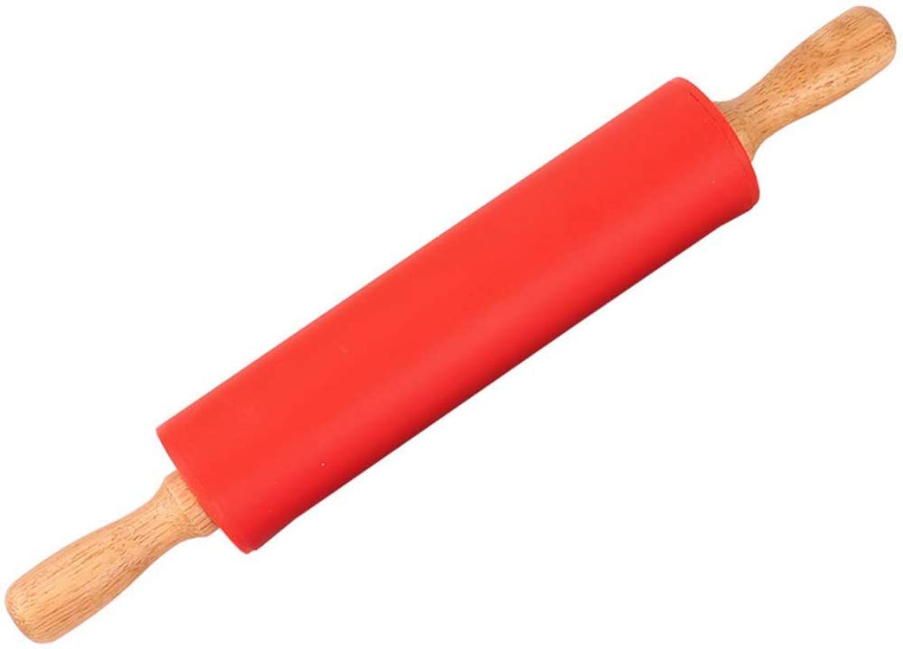 Non-Stick Silicone Rolling Pin with Wooden Handle - Perfect for Baking Pizza Dough, Embossing Cookies & Pastry Making | Smooth Kitchen Utensil for Bakers | Ideal Gift for Home Chefs & Baking Enthusiasts (Red)