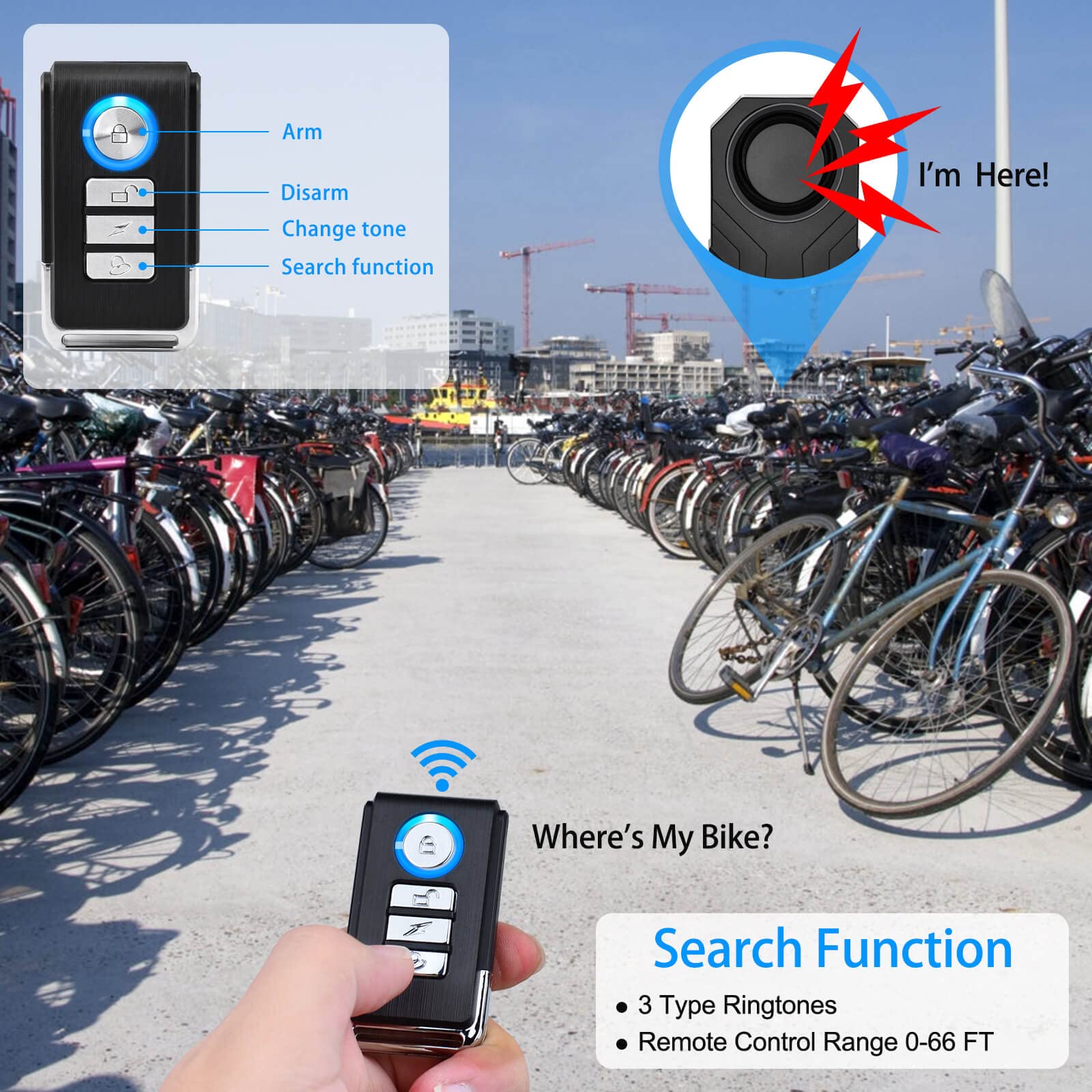 113dB Loud Bike Alarm with Remote - Vibration Sensing Anti-Theft Bicycle Alarm System for Electric Bikes, Motorcycles, Tricycles & Mobility Scooters - Perfect for Urban Commuting & Outdoor Cycling Security