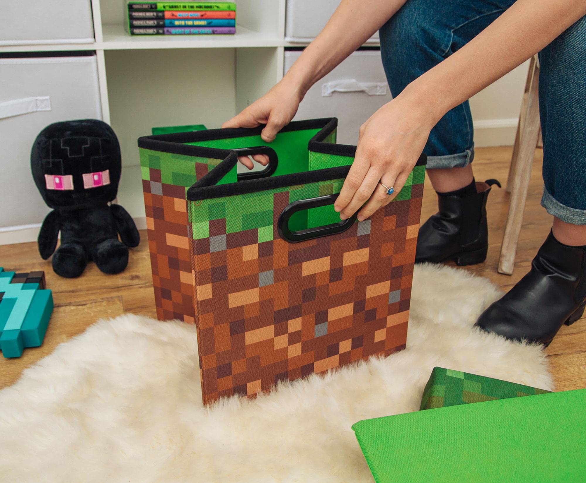Minecraft Grassy Block 13-Inch Storage Bin with Lid - Foldable Fabric Cube Organizer with Handles for Shelves & Closet | Home Decor & Video Game Gifts for Kids' Rooms, Game Themed Bedroom Storage