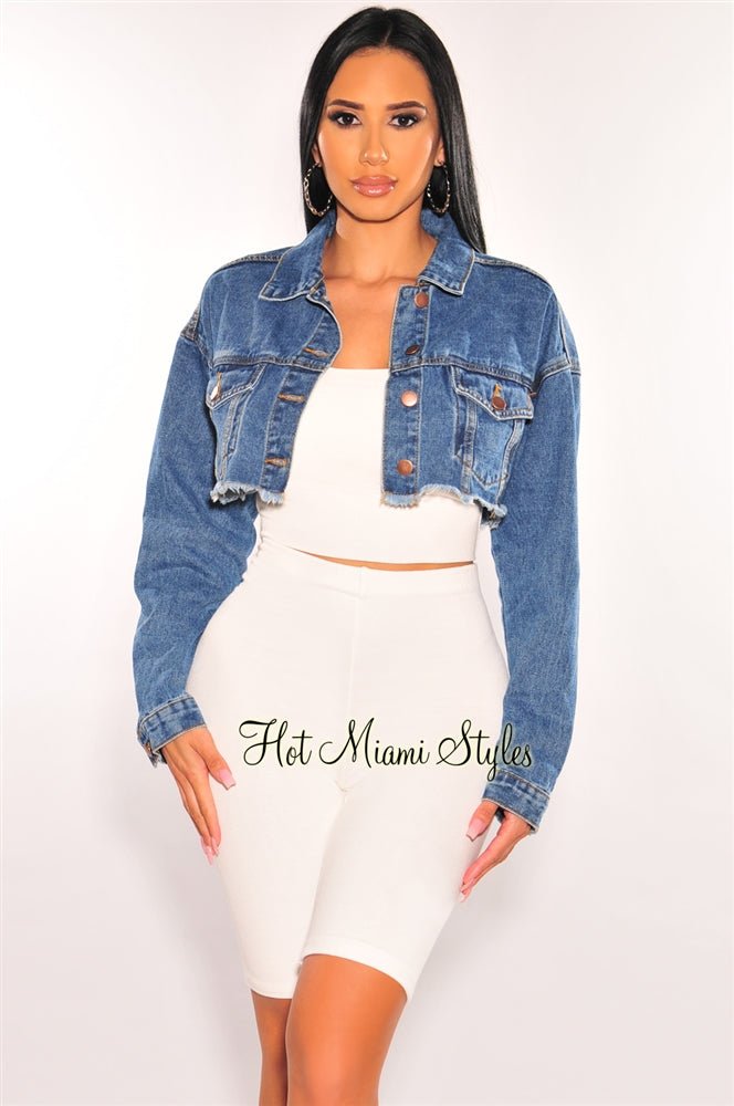Blue Denim Long Sleeve Destroyed Back Cropped Jacket for Women - Vintage Distressed Denim Jacket with Ripped Details - Perfect for Casual Outfits, Streetwear & Fall Layering